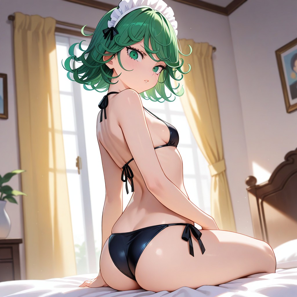 ai_generated ass back bangs bare_arms bare_shoulders bed bedroom bikini black_bikini breasts closed_mouth curly_hair curtains day female flipped_hair from_behind green_eyes green_hair halterneck indoors looking_at_viewer looking_back maid_headdress on_bed one_punch_man short_hair side-tie_bikini_bottom sitting skindentation small_breasts solo string_bikini swimsuit tatsumaki thighs window