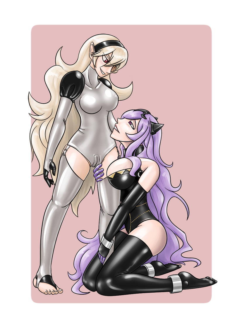 2girls ankle_cuffs black_leotard blonde_hair bondage breasts camilla_(fire_emblem) collar corrin_(fire_emblem) corrin_(fire_emblem)_(female) crotch_zipper elbow_gloves fire_emblem fire_emblem_fates garter_straps gloves hairband kneeling large_breasts latex latex_gloves latex_leotard leotard long_hair nintendo purple_eyes purple_hair red_eyes rubberlink thighhighs tiara white_leotard wrist_cuffs yuri zipper