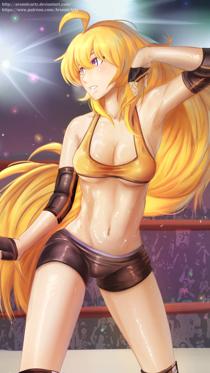 1girls abs armband arsonicartz athletic athletic_female black_shorts blonde_hair breasts fit fit_female long_hair medium_breasts midriff navel orange_sports_bra purple_eyes rwby short_shorts shorts sports_bra wrestling_outfit wrestling_ring yang_xiao_long