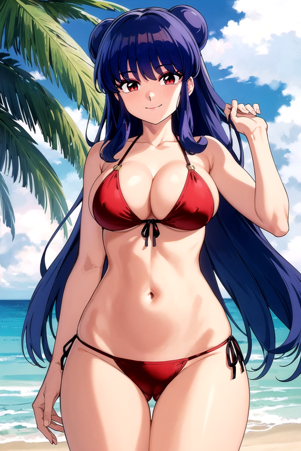 1girl ai_generated ass_visible_through_thighs bare_arms bare_shoulders beach bikini blue_hair blue_sky blush breasts cameltoe cleavage closed_mouth cloud collarbone cowboy_shot day double_bun female front-tie_bikini_top front-tie_top groin hair_bun halterneck hand_up large_breasts long_hair looking_at_viewer navel ocean outdoors palm_tree pixiv purple_hair ranma_1/2 red_bikini red_eyes rena_aikawa_(pixiv_user) shampoo_(ranma_1/2) side-tie_bikini_bottom sidelocks sky smile solo stable_diffusion standing stomach string_bikini swimsuit tagme thigh_gap thighs tree very_long_hair water