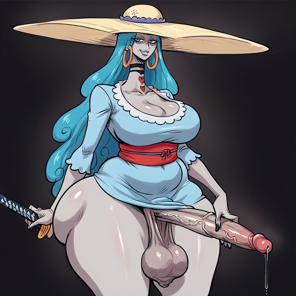 ai_generated big_ass big_balls big_breasts big_penis charlotte_amande clothing futa_only futanari gvukub one_piece precum thick_thighs