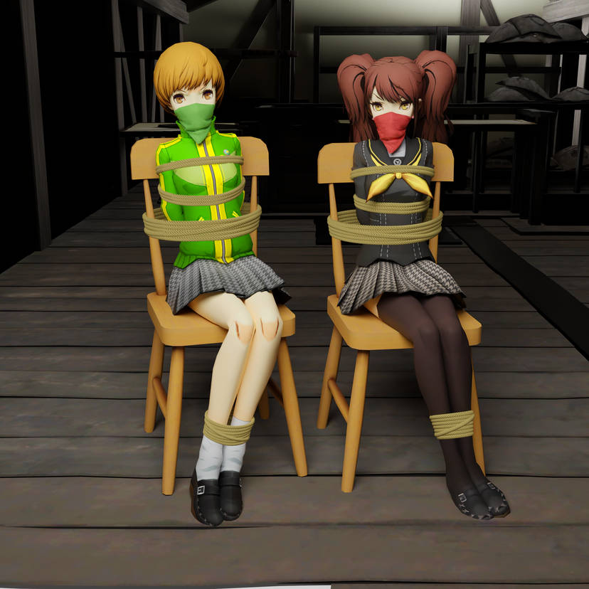 2girls 3d arms_tied_behind_back black_shirt black_skirt bondage breasts brown_eyes brown_hair chair gag gagged green_hoodie hoodie kakizaki86 kujikawa_rise legs_tied looking_at_viewer neckerchief over_the_nose_gag persona persona_4 rope rope_bondage satonaka_chie school_uniform shirt shoes short_hair sitting_on_chair skirt small_breasts thighhighs tied_to_chair twintails yellow_eyes