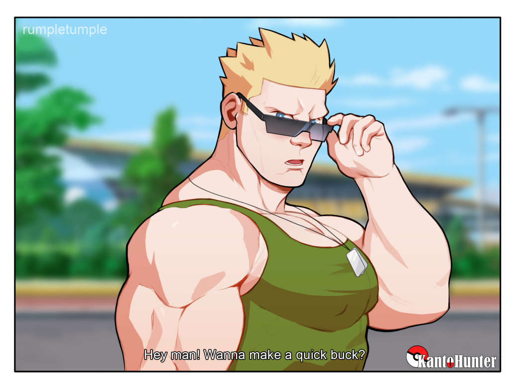 1boy adjusting_eyewear adjusting_sunglasses artist_name bara big_pecs blonde_hair blue_eyes blurry_background dialogue english_text glasses green_shirt green_tank_top looking_at_viewer looking_over_eyewear looking_over_glasses looking_over_sunglasses lt_surge male_focus male_only muscular muscular_arms muscular_male necklace nintendo nipple_bulge open_mouth outdoors pectorals pokemon rumpletumple1 sky sleeveless sleeveless_shirt solo solo_male sunglasses text