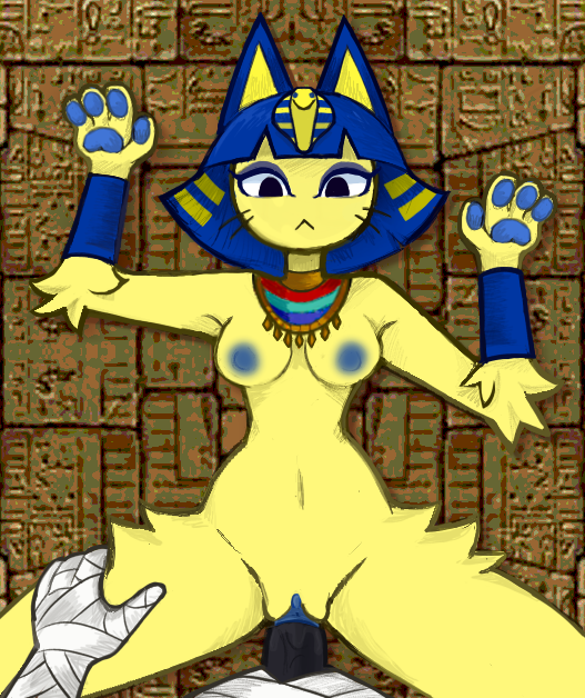 animal_crossing ankha ankha_(animal_crossing) anthro anthro_only bodily_fluids canid canine canis domestic_cat domestic_dog duo felid feline felis female fur furry furry_female furry_male furry_only genital_fluids genitals hylesannei lucky_(animal_crossing) male male/female mammal mummy nintendo penetration penis penis_in_pussy precum undead vaginal vaginal_only yellow_fur