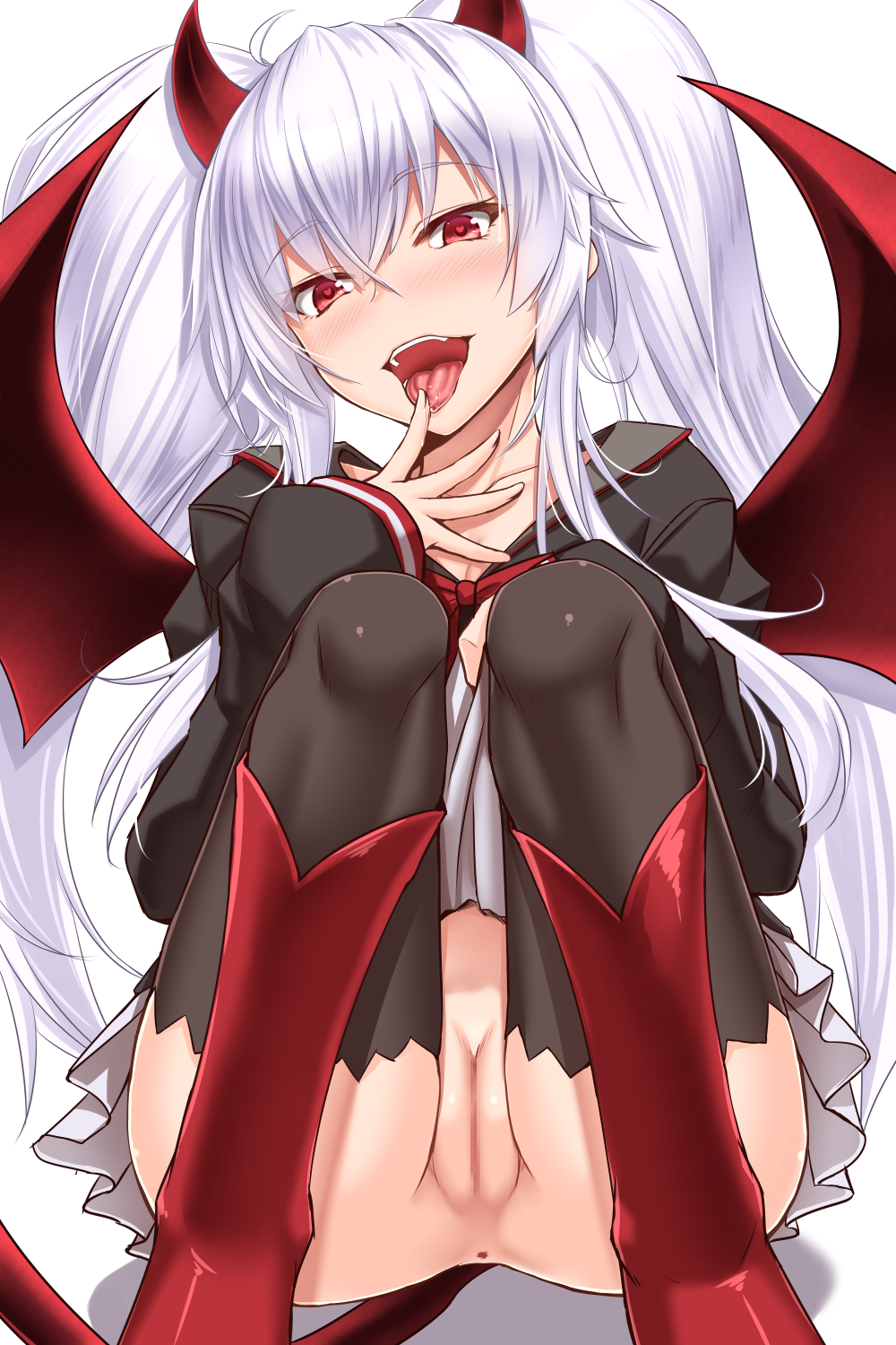 1girls :d ahoge akitsuki_karasu anus ass bangs black_legwear black_shirt blush boots bow bowtie breasts censored cleavage collarbone demon_girl demon_horns demon_tail demon_wings evo_grim eyebrows_visible_through_hair female finger_licking grim_aloe hair_between_eyes head_tilt heart heart-shaped_pupils highres horns licking lifted_by_self long_hair long_sleeves looking_at_viewer miniskirt mosaic_censoring no_panties open_mouth pleated_skirt pussy quiz_magic_academy quiz_magic_academy_the_world_evolve red_eyes red_footwear red_neckwear round_teeth sailor_collar shadow shirt sidelocks simple_background sitting skirt skirt_lift sleeves_past_wrists smile solo symbol-shaped_pupils tail teeth thighhighs tongue tongue_out twintails upper_teeth white_background white_hair white_skirt wings