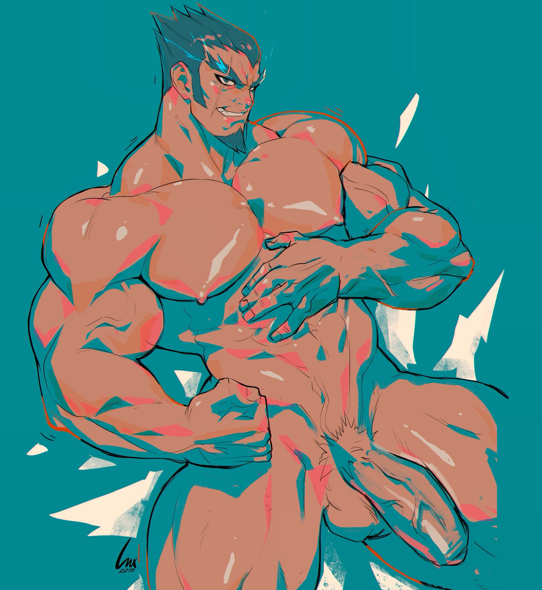 1boy, 2018, balls, bara, danganronpa, facial hair, human, luxuris, male, male focus, male only, muscles, nidai nekomaru, nude, penis, pubic hair, solo, super danganronpa 2, testicles, yaoi