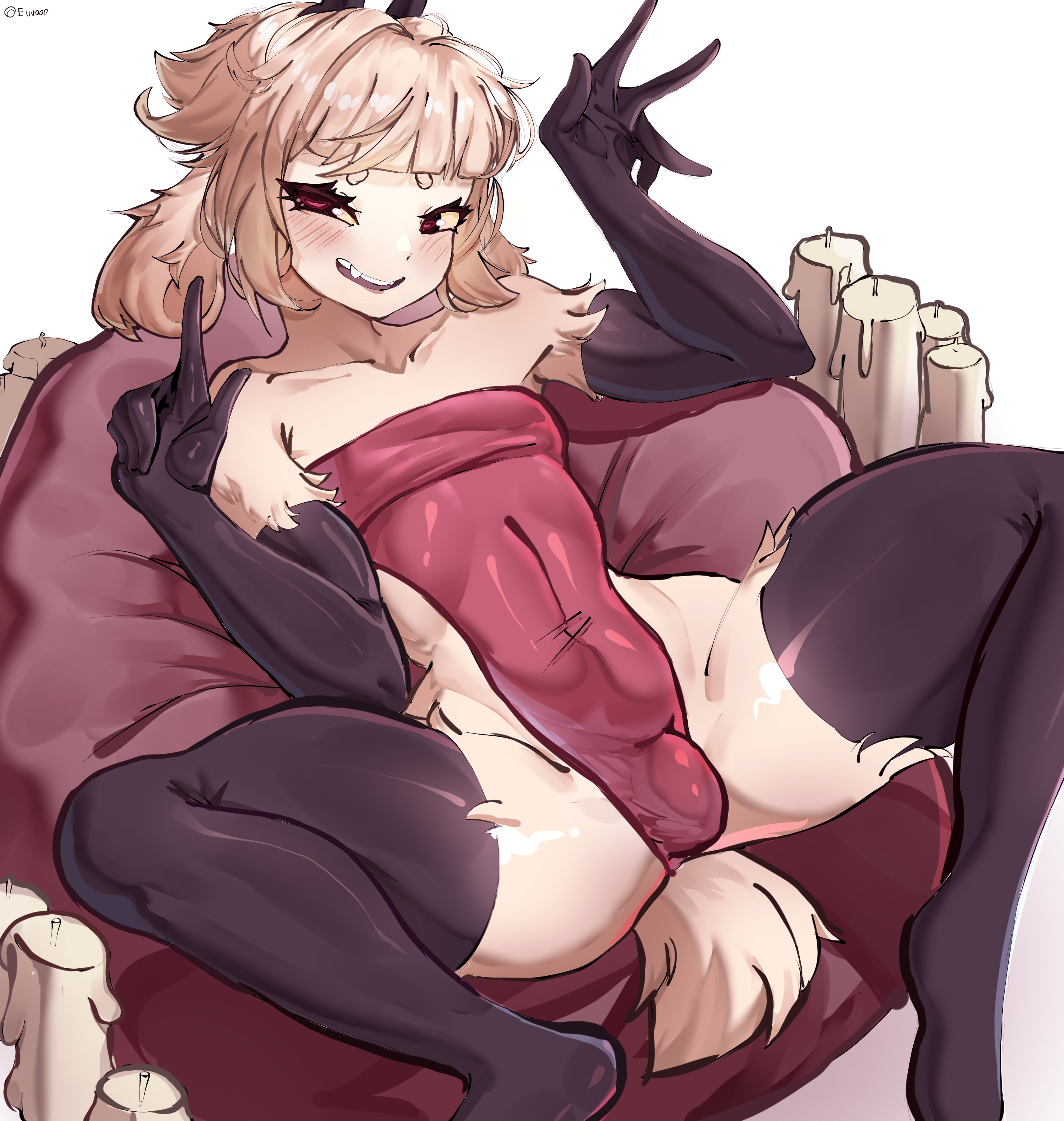 2024, animal tail, armwear, black armwear, black legwear, blonde hair, bulge through clothing, candle, character request, copyright request, euvo, femboy, fur, goat boy, hi res, legwear, on back, red eyes, solo femboy, tail