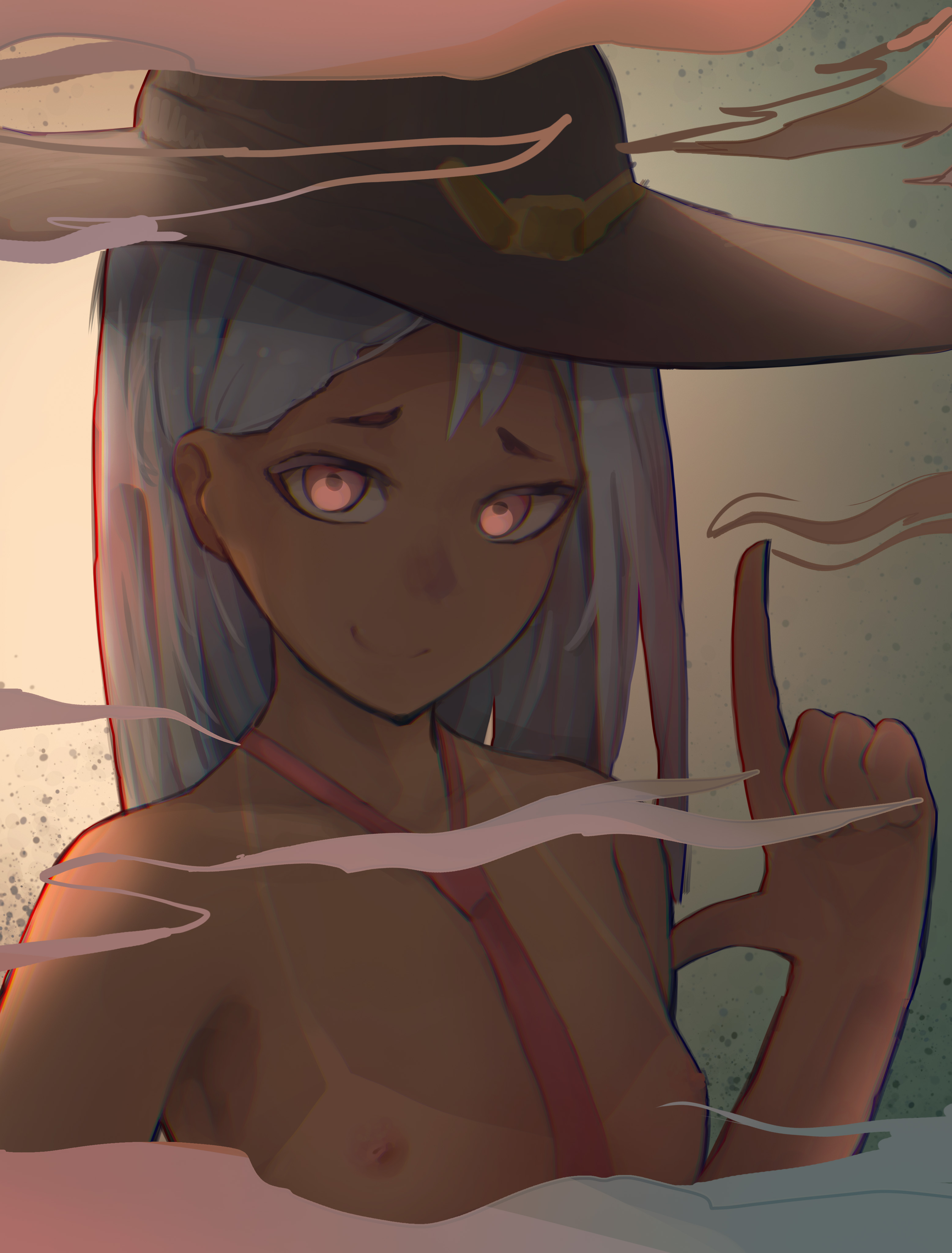 2d, age regression, ashe (overwatch), blizzard entertainment, cowboy hat, dark skin, dark-skinned female, female, finger gun, flat chest, hat, highres, long hair, mmmmmkun, necktie, nipples, overwatch, red eyes, smoke, solo, tan, tanline, white hair, younger