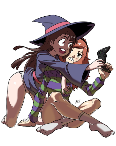 2girls brown_hair clover controller female_focus four-leaf_clover freckles green_eyes hat hood hoodie kagari_atsuko kukuruyo little_witch_academia multiple_girls no_pants panties simple_background socks striped_clothes striped_hoodie underwear vivian_james white_background witch_hat