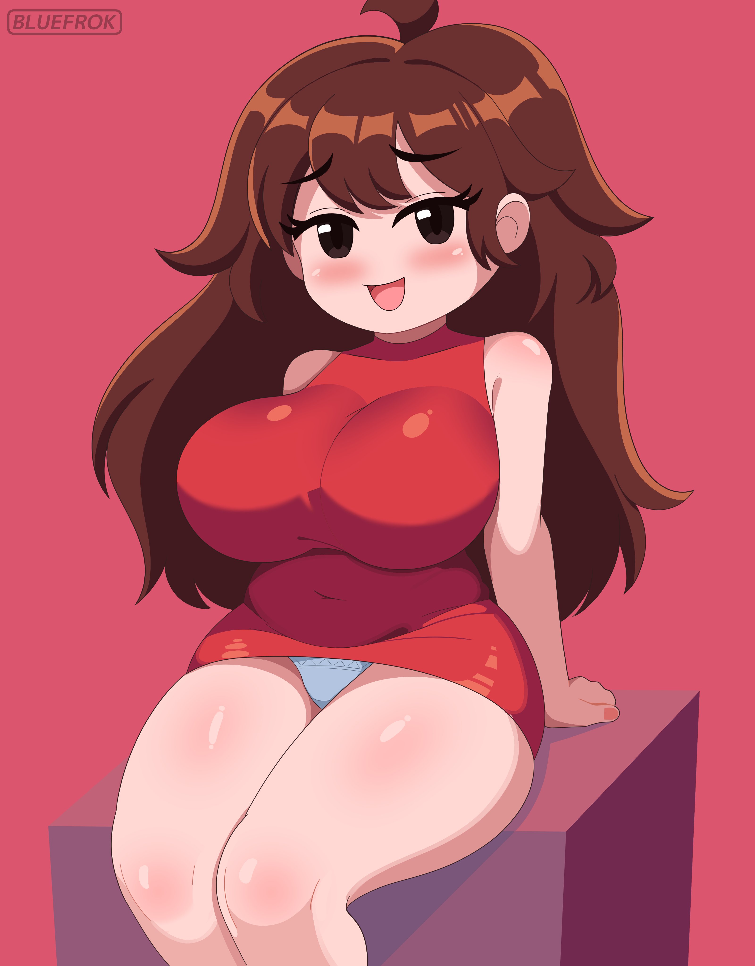 1girls, big breasts, black eyes, bluefrok, blush, breasts, brown hair, dress, female, female only, friday night funkin, girlfriend (friday night funkin), hair, huge breasts, long hair, panties, red dress, short dress, sitting, smile, solo, solo female, thick thighs, thighs, white panties