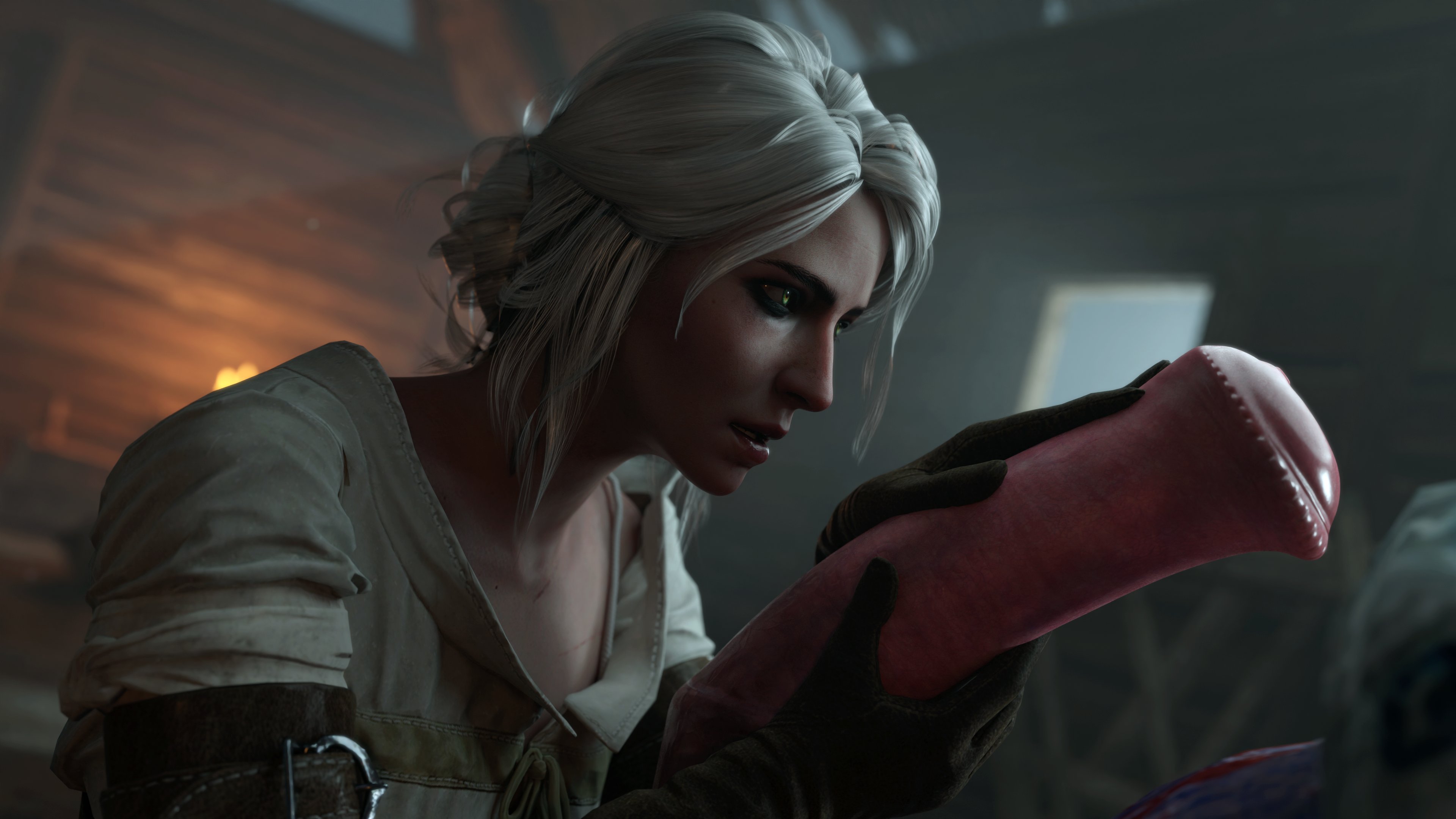 3d, belethor's smut, bestiality, big penis, brown gloves, cd projekt red, ciri, clothing, female, gloved handjob, gloves, green eyes, hand on penis, handjob, handjob with gloves, holding penis, interspecies, light skin, light-skinned female, male, mascara, monster, monster on female, penis, penis grab, scar, the witcher (series), the witcher 3: wild hunt, touching penis, troll (the witcher), white hair