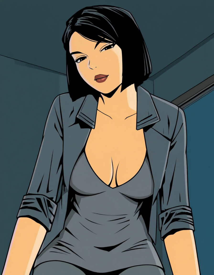 ai_generated asuka_kasen black_hair bob_cut cleavage dress female from_below grand_theft_auto grand_theft_auto_iii gtanudeporn head_tilt indoors jacket lipstick looking_at_viewer medium_breasts night pants seductive_smile short_hair