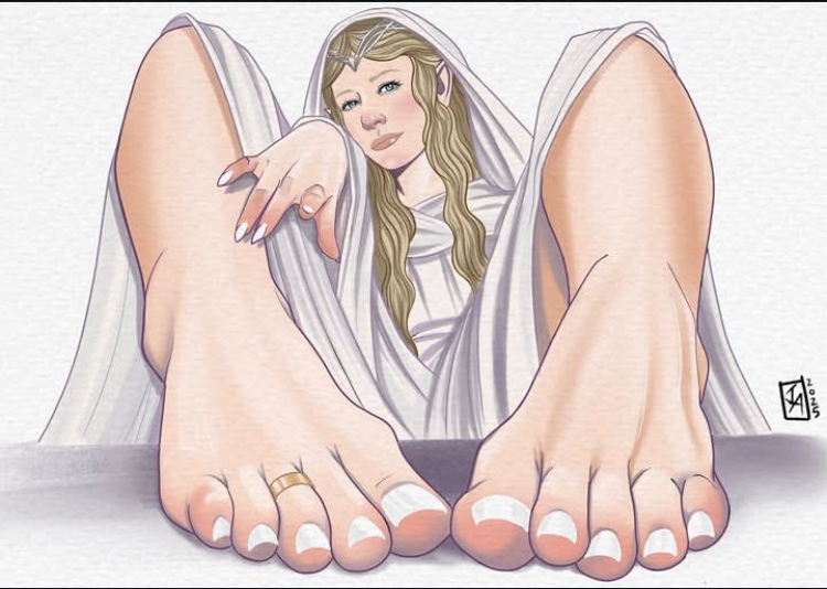 barefoot blonde_hair cate_blanchett elf_female feet feet_up foot_fetish galadriel jakeatherstone legs_up lord_of_the_rings toe_ring white_dress white_nails