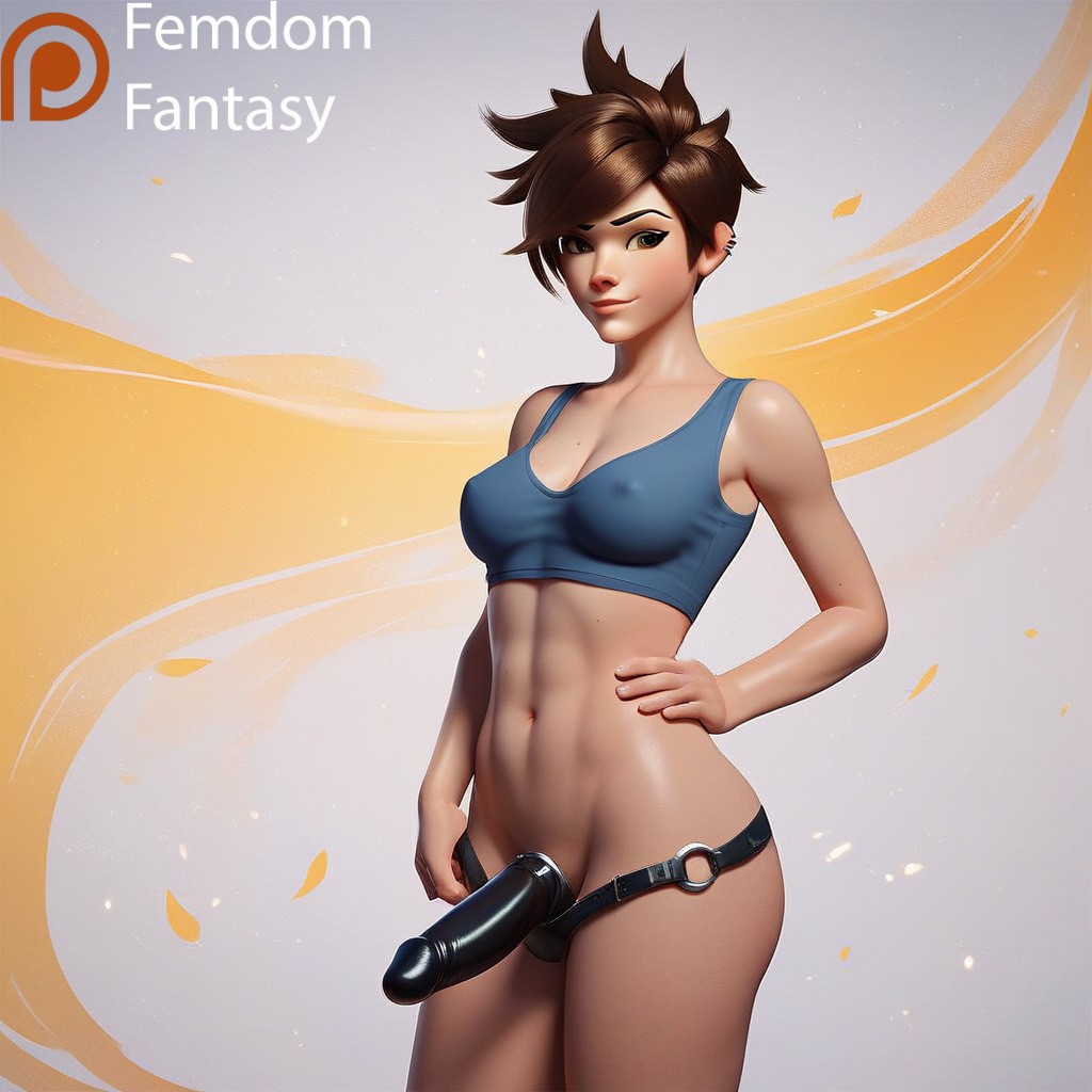 1girls ai_generated bondage dominant dominant_female domination dominatrix femdom femdomfantasyai overwatch overwatch_2 pegging smug_face solo strap-on strapon strapon_dildo tracer