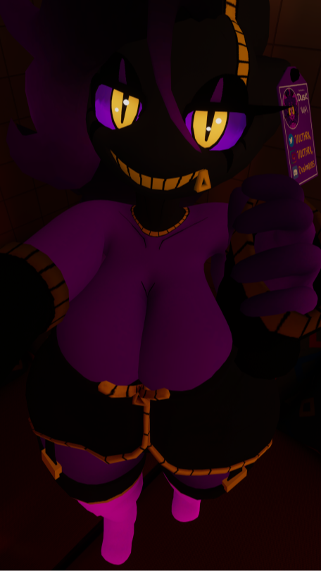 banette doll_girl eyeshadow hair_between_eyes looking_at_viewer overflowing_breasts pokemon pokemon_(species) purple_body purple_hair_streaks purple_sclera sleeves_past_wrists tag vrchat vrchat_avatar yellow_iris