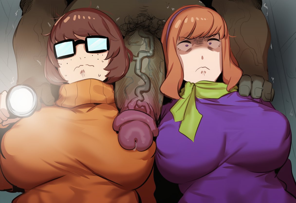 1boy, 2girls, ai generated, alternate breast size, big breasts, big penis, breasts, chest, close-up, daphne blake, dark-skinned male, female, glasses, goddesscynthia, hand on head, hanna-barbera, huge breasts, huge cock, imminent rape, imminent sex, large breasts, looking at viewer, male, monster, monster cock, night, penis, scooby-doo, sweater, tagme, veiny penis, velma dinkley, you gonna get raped