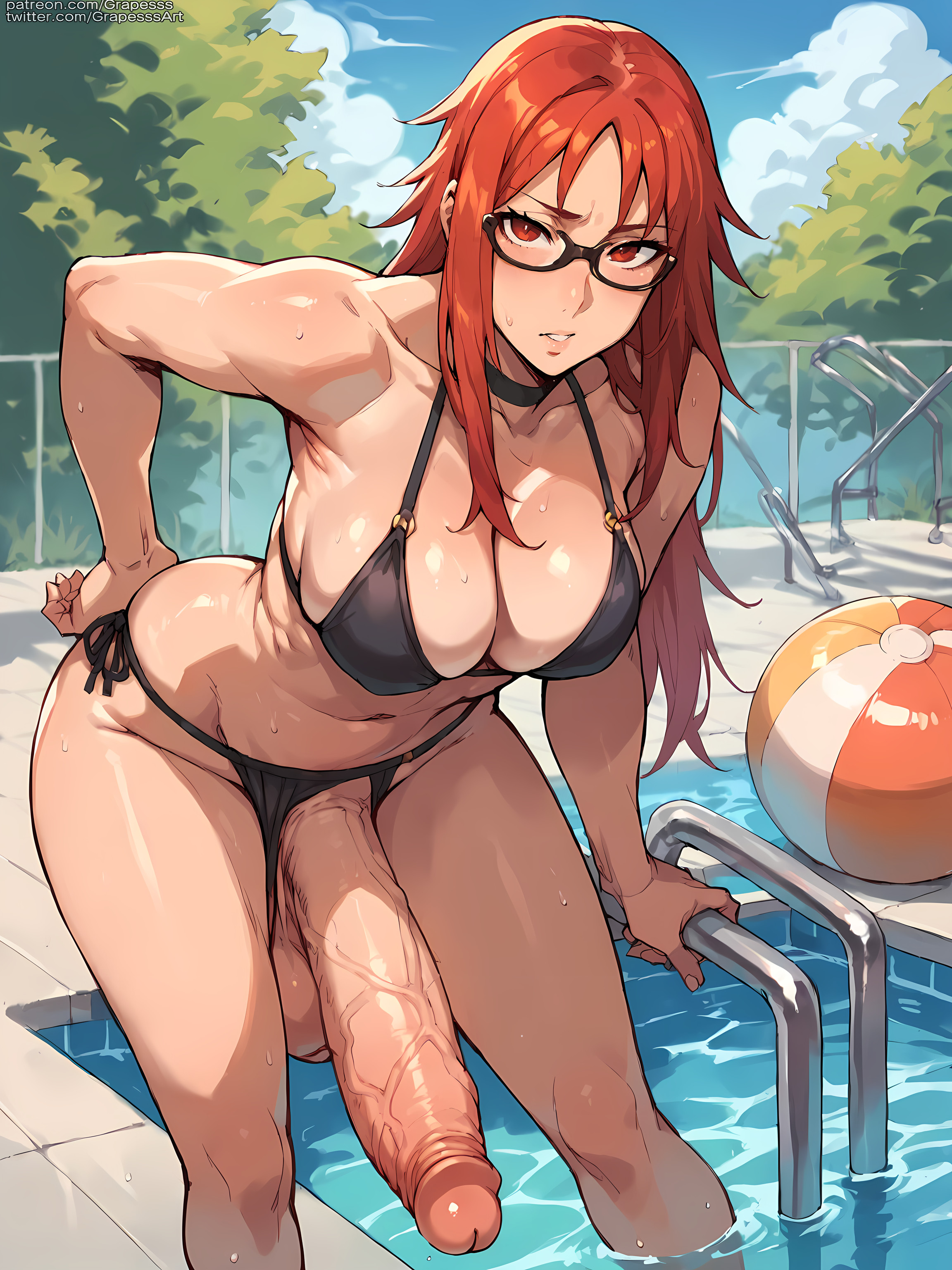1futa, ai generated, ass, balls, big ass, big balls, blush, breasts, erect penis, erection, female, foreskin, futa only, futanari, grapesss, huge breasts, huge cock, intersex, large penis, looking at viewer, naruto, naruto (series), navel, nude, penis, testicles, thighs, uncensored, uncircumcised, uzumaki karin, veins, veiny penis