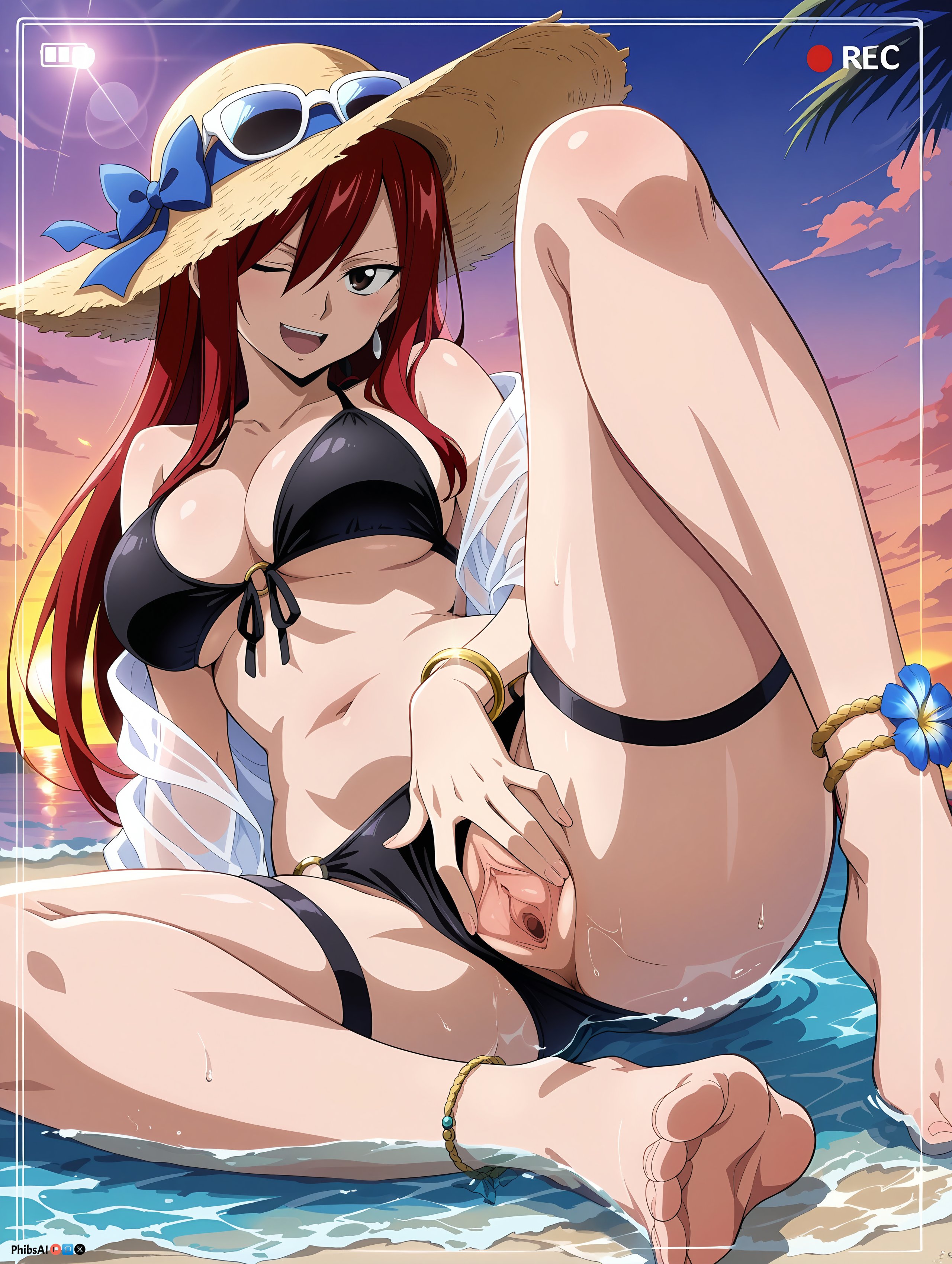 1girls, ai generated, anklet, anus, artist name, ass, bangs, barefoot, beach, bikini, black bikini, blush, bracelet, breasts, brown eyes, cleavage, collarbone, day, erza scarlet, eyewear on head, fairy tail, feet, female, hair between eyes, hat, jewelry, large breasts, long hair, looking at viewer, mosaic censoring, navel, ocean, one eye closed, open mouth, outdoors, phibsai, pussy, red hair, red-haired female, ribbon, sand, shirt, sidelocks, sitting, sky, smile, solo, spread legs, spread pussy, stable diffusion, straw hat, sun hat, sunglasses, swimsuit, teeth, thigh strap, toes, uncensored, very long hair, water, wet, wet clothes