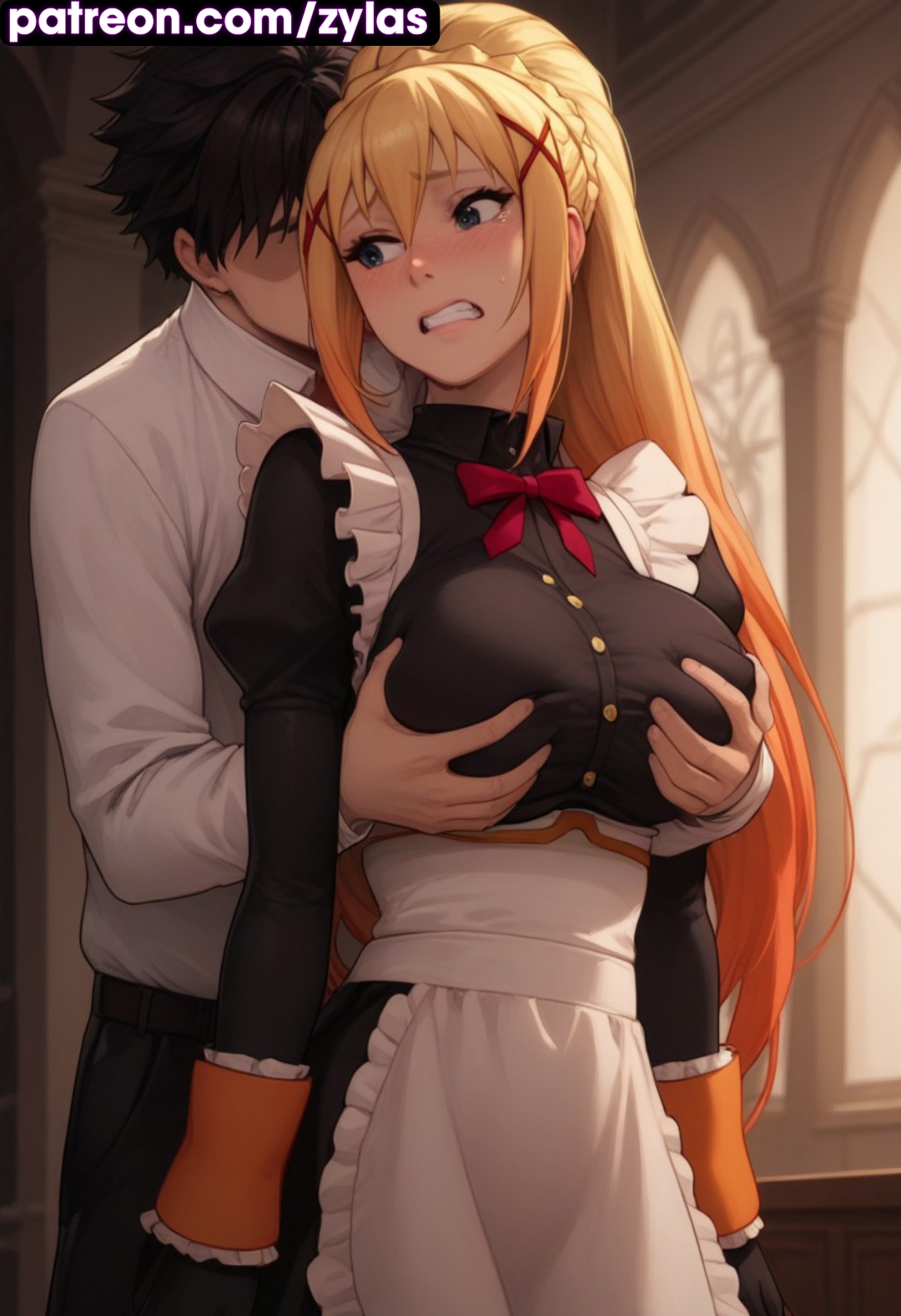 1boy, 1girls, ai generated, ass, breasts, darkness (konosuba), female, huge ass, huge breasts, kono subarashii sekai ni shukufuku wo!, konosuba, maid, male, ryuuziken01