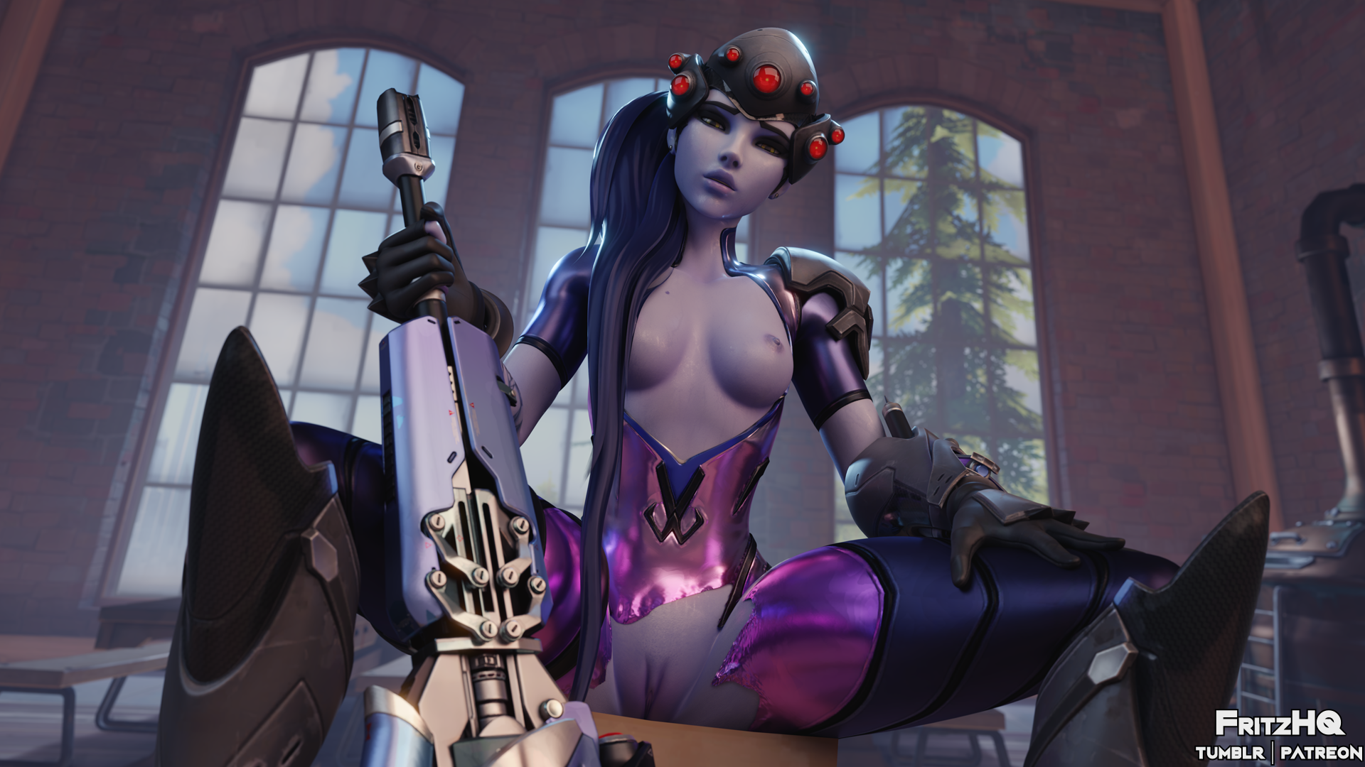 3d, blender, blue hair, blue skin, bodysuit, breasts, eichenwalde (map), female, female only, fritzhq, gun, headgear, horny, horny female, inviting, legs apart, looking at viewer, nipples, overwatch, presenting, pussy, seductive, sitting, sniper, sniper rifle, solo, solo female, spread legs, spreading, teasing, torn clothes, weapon, widowmaker