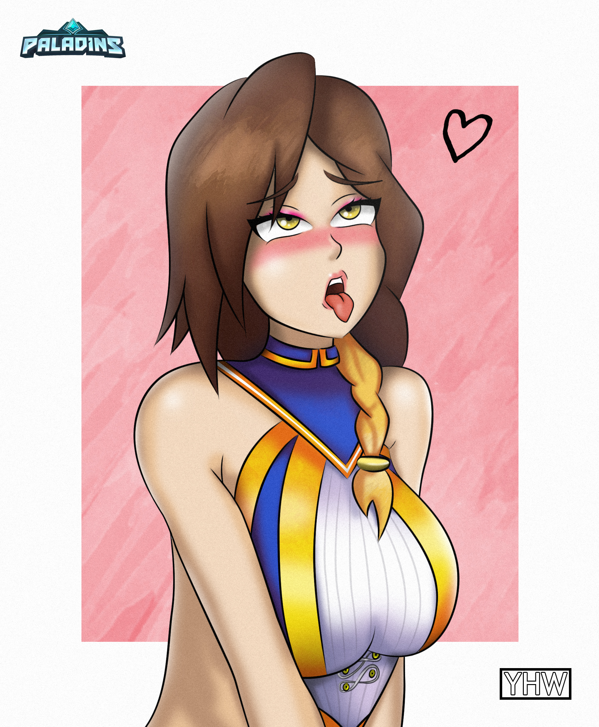 1girls, ahe gao, blush, brown hair, female, furia (paladins), hi-rez studios, light skin, light-skinned female, myst, paladins, tongue, tongue out, yellow eyes, yhw
