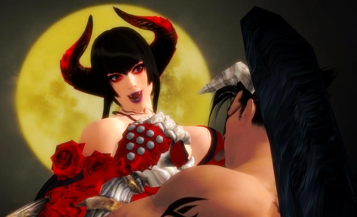 3d black_hair breast_grab breast_lick chest_tattoo clawed_gauntlets demon_boy demon_horns demon_wings devil devil_boy devil_horns devil_jin devil_wings eliza_(tekken) eyeliner eyeshadow face_markings face_tattoo fangs female_focus gauntlets hime_cut horns jin_kazama kazama_jin lipstick looking_at_partner looking_surprised male moon neck_tattoo open_mouth purple_lipstick red_horns roses shoulder_tattoo studded_gloves tagme tattoo tekken vampire vampire_girl white_horns