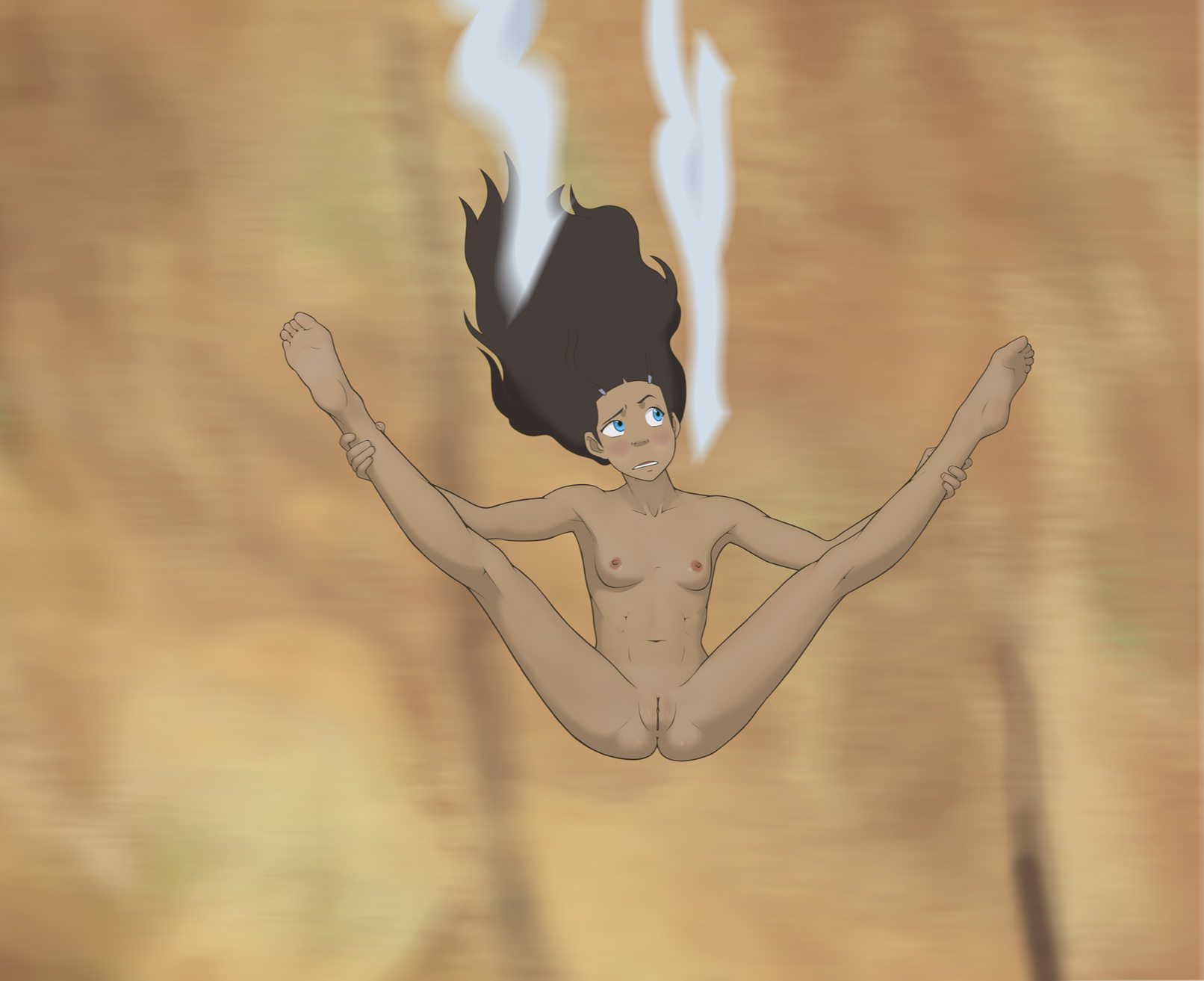1girls, abs, anaxus, anus, armpits, avatar the last airbender, barefoot, blue eyes, blush, breasts, brown hair, calf muscles, cleft of venus, confused, dark skin, dark-skinned female, fat mons, female, female only, holding legs, innie pussy, katara, long hair, looking away, looking up, muscles, naked, nipples, nude, outdoors, plump labia, puffy pussy, pussy, small breasts, solo, spread legs, steam, tagme