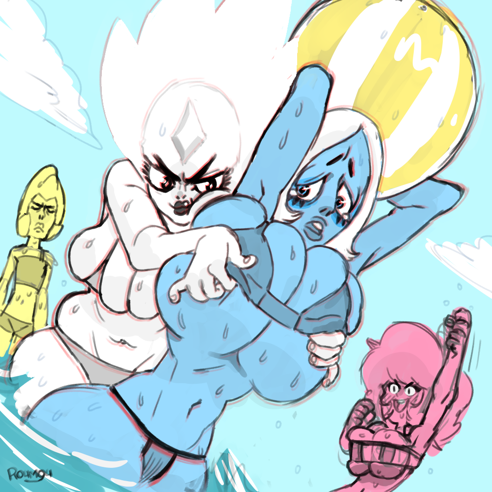 4girls, afro, beach, beach ball, belly, big breasts, bikini, blue diamond (steven universe), blue eyes, blue skin, blush, breast grab, breasts, curvaceous, curvy, diamond authority, eyes closed, female, female focus, female only, female/female, flat chest, gem (species), helmet, huge breasts, lesbian, long hair, multiple females, multiple girls, pink diamond (steven universe), pink hair, pink skin, roumgu, sad, short hair, smiling, steven universe, swimsuit, thick thighs, white diamond (steven universe), white hair, white skin, worried, yellow diamond (steven universe), yellow skin, yuri