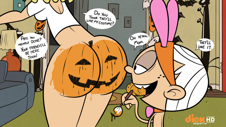 ass blargsnarf bodypaint bottomless costume halloween jack-o'-lantern lincoln_loud milf mother_and_son no_panties painted_ass pumpkin_butt rita_loud straight_hair the_loud_house white_hair