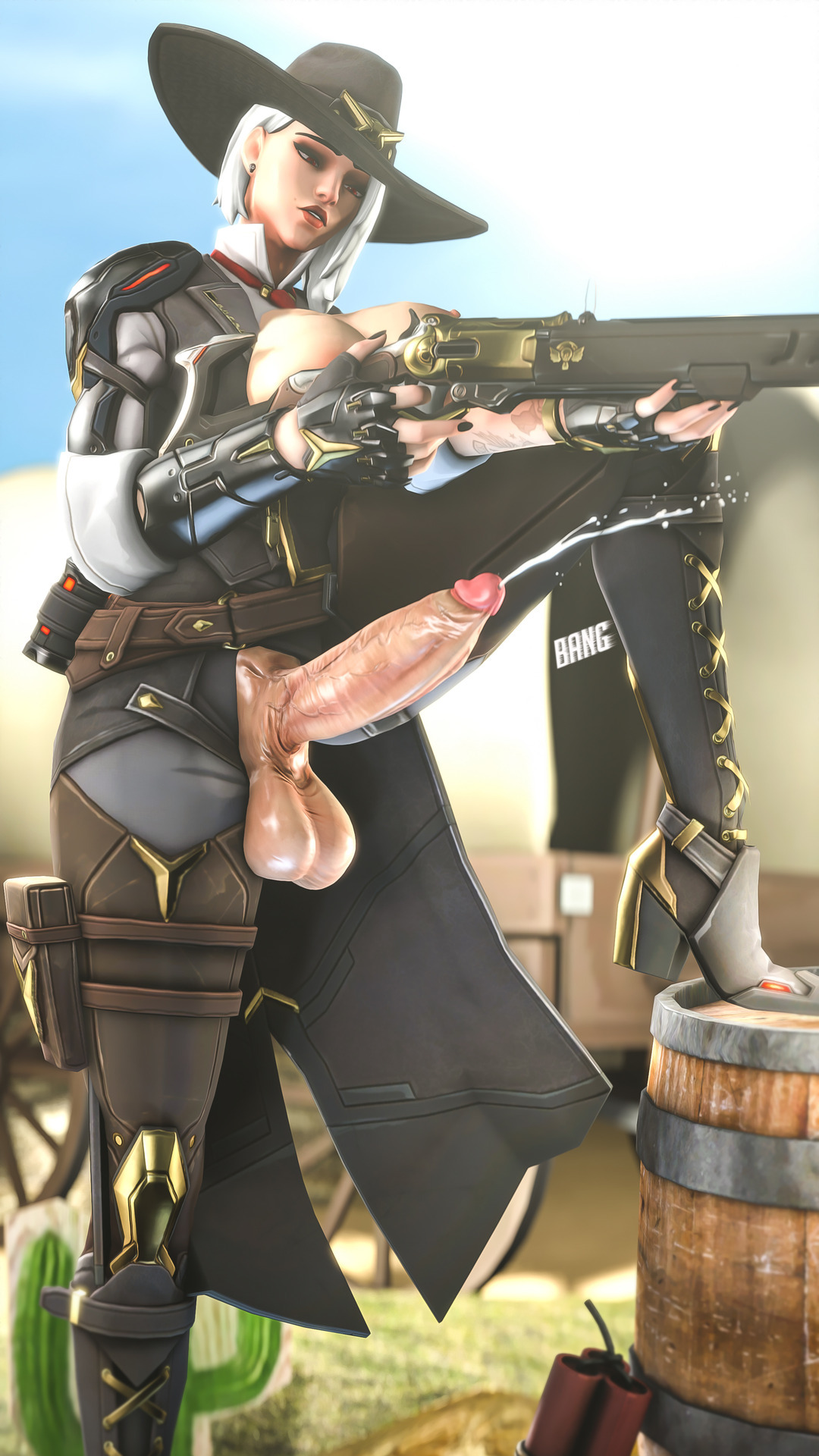 1futa, 3d, areolae, ashe (overwatch), balls, big balls, big breasts, big penis, blizzard entertainment, breasts, cowboy hat, cum, cumshot, dickgirl, erection, futa only, futanari, huge cock, intersex, long penis, mitrild-sfm, mole above mouth, nipples, overwatch, penis, penis out, red eyes, solo, solo futa, source filmmaker, testicles, veiny penis, white hair