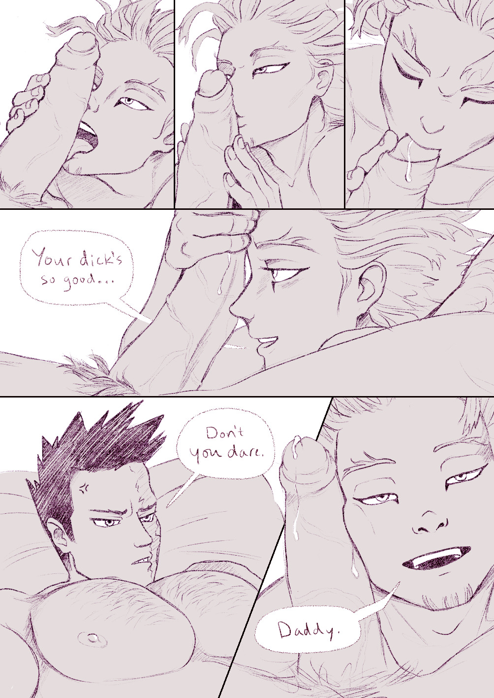 2boys, annoyed, comic, daddy kink, endeavor (my hero academia), english text, enji todoroki, fellatio, foreskin, gay, hairy chest, hawks (my hero academia), keigo takami, kissing, kissing penis, male, male only, monochrome, my hero academia, oral, pecs, penis, uncircumcised, uncut, yaoi