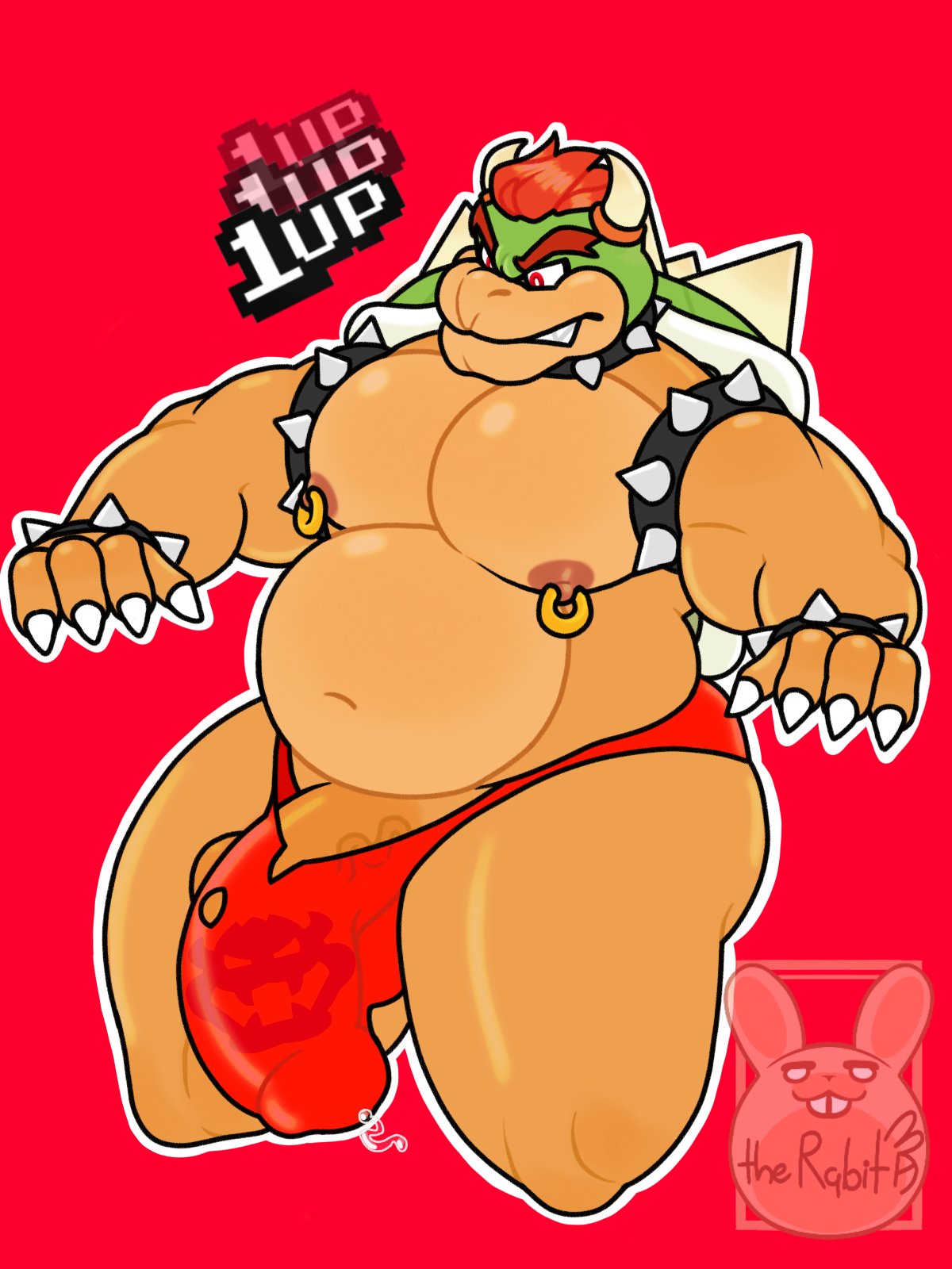 1boy 1up 2022 anthro armband belly big_belly big_bulge big_muscles bodily_fluids bowser bracelet bulge claws clothed clothing collar dick_root english_text erection erection_under_clothing eyebrows gameplay_mechanics genital_fluids genital_outline genitals hi_res horns huge_bulge humanoid_penis jewelry koopa life_(gaming) male male_nipples male_only mario_(series) musclegut muscular muscular_anthro muscular_male navel nintendo nipple_piercing nipple_ring nipple_rings non-mammal_nipples number ornyrabi77 overweight overweight_anthro overweight_male pecs penis penis_outline piercing pink_background precum precum_through_clothing precum_through_underwear scalie shell simple_background solo spiked_armband spiked_bracelet spiked_collar spiked_shell spikes spikes_(anatomy) standing super_mario_bros. text therabit thick_thighs thong torn_clothing torn_underwear underwear vein video_games watermark wet wet_clothing