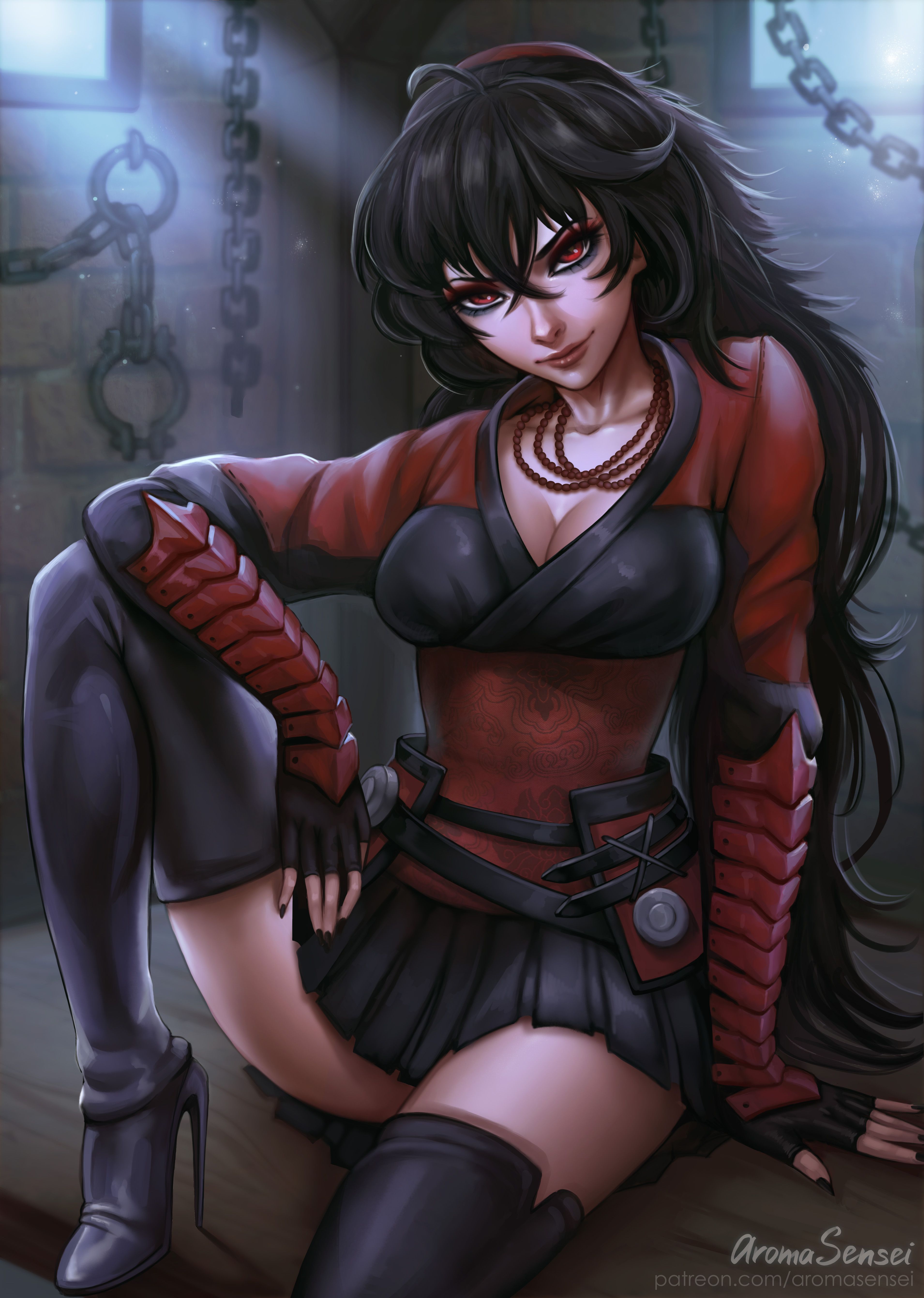 aroma sensei, bead necklace, black hair, eyeshadow, fully clothed, latex thighhighs, raven branwen, red eyes, rwby, sitting