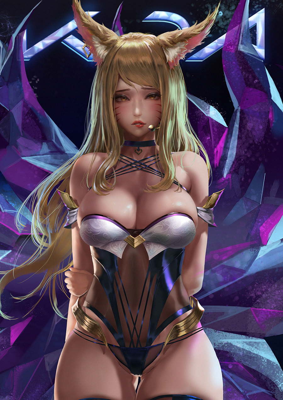 1girls, ahri, alternate costume, animal ears, arms behind back, ass visible through thighs, bare shoulders, biting lip, blonde hair, blush, breasts, collar, earring, female, fox ears, fox girl, highres, idol, k/da ahri, k/da series, large breasts, league of legends, leotard, liebeloss .lex, lipstick, long hair, microphone, revealing clothes, riot games, shiny skin, solo, tail, thighhighs, thighs, thong, whisker markings, yellow eyes