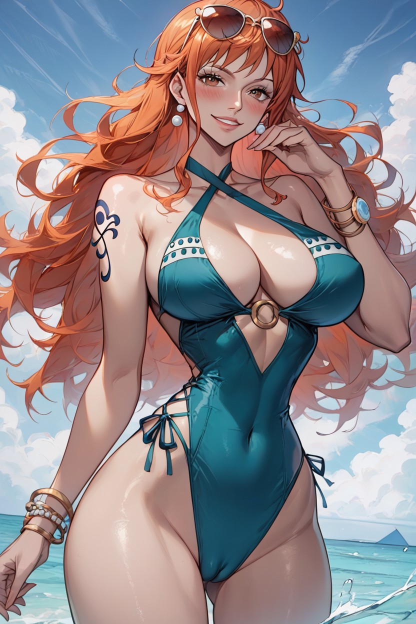 1girls ai_generated big_breasts blue_swimsuit cameltoe cleavage clothed earrings female female_only human jewelry long_hair model_pose nami nami_(one_piece) navel_visible_through_clothes no_visible_genitalia one_piece orange_hair posing posing_for_picture posing_for_the_viewer skinny_female skinny_girl solo sunglasses sunglasses_on_head sunny swimsuit tattooed_arm thalaria!! thin_waist wind_in_hair