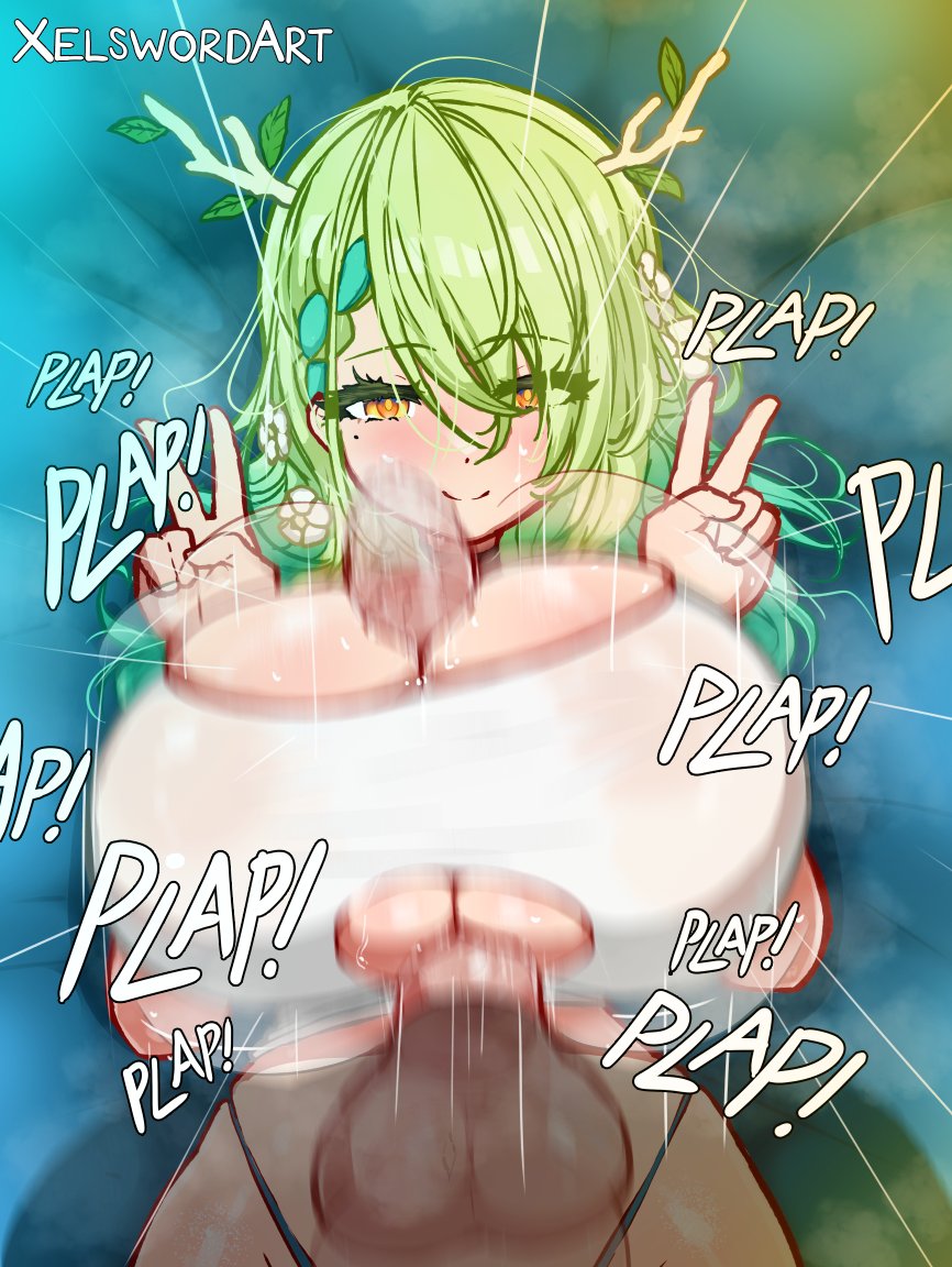 1boy antlers bangs blush braid braided_bangs branch breast_squeeze breasts ceres_fauna cleavage double_v earrings english_text female flower green_hair gym_uniform hair_flower hair_ornament hololive hololive_english hololive_english_-council- hololive_english_-promise- huge_breasts huge_cock large_penis leaf long_hair looking_at_viewer mole mole_under_eye motion_blur motion_lines paizuri paizuri_under_clothes penis plap plap_(sound) shirt smile solo_focus sound_effects straight sweat testicles text torn_clothes underboob v virtual_youtuber xelsword yellow_eyes