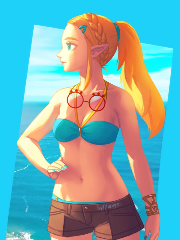 1girls beach bellhenge bikini bikini_under_clothes blonde_hair blue_bikini blue_eyes blue_swimsuit bracer braid breasts breath_of_the_wild clouds glasses glasses_removed hairclip hand_on_hip midriff navel nintendo ocean outside painted_fingernails ponytail princess_zelda shorts sky small_breasts swimsuit swimsuit_under_clothes the_legend_of_zelda water zelda_(breath_of_the_wild)