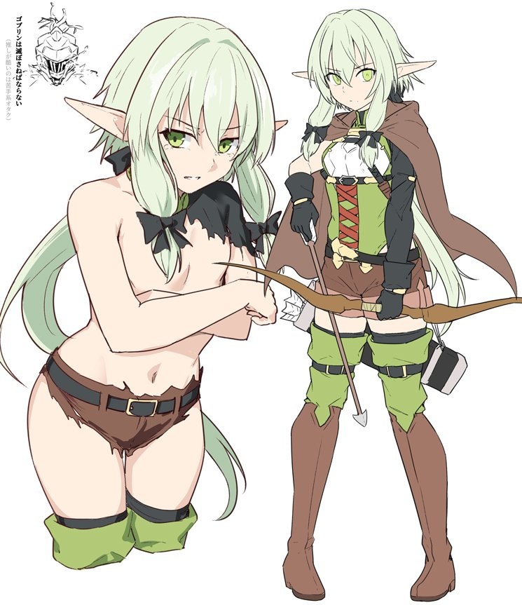 1girls, arrow, belt, boots, bow, breasts, cape, covering breasts, elf, female, female only, flat chest, gloves, goblin slayer, green eyes, green hair, green-haired female, high elf archer (goblin slayer), holding, long hair, looking at viewer, pointy ears, ponytail, ribbons, ripped clothing, shirt, shiseki hirame, shorts, simple background, small breasts, standing, tears, text, thighhighs, topless, watermark, weapon, white background