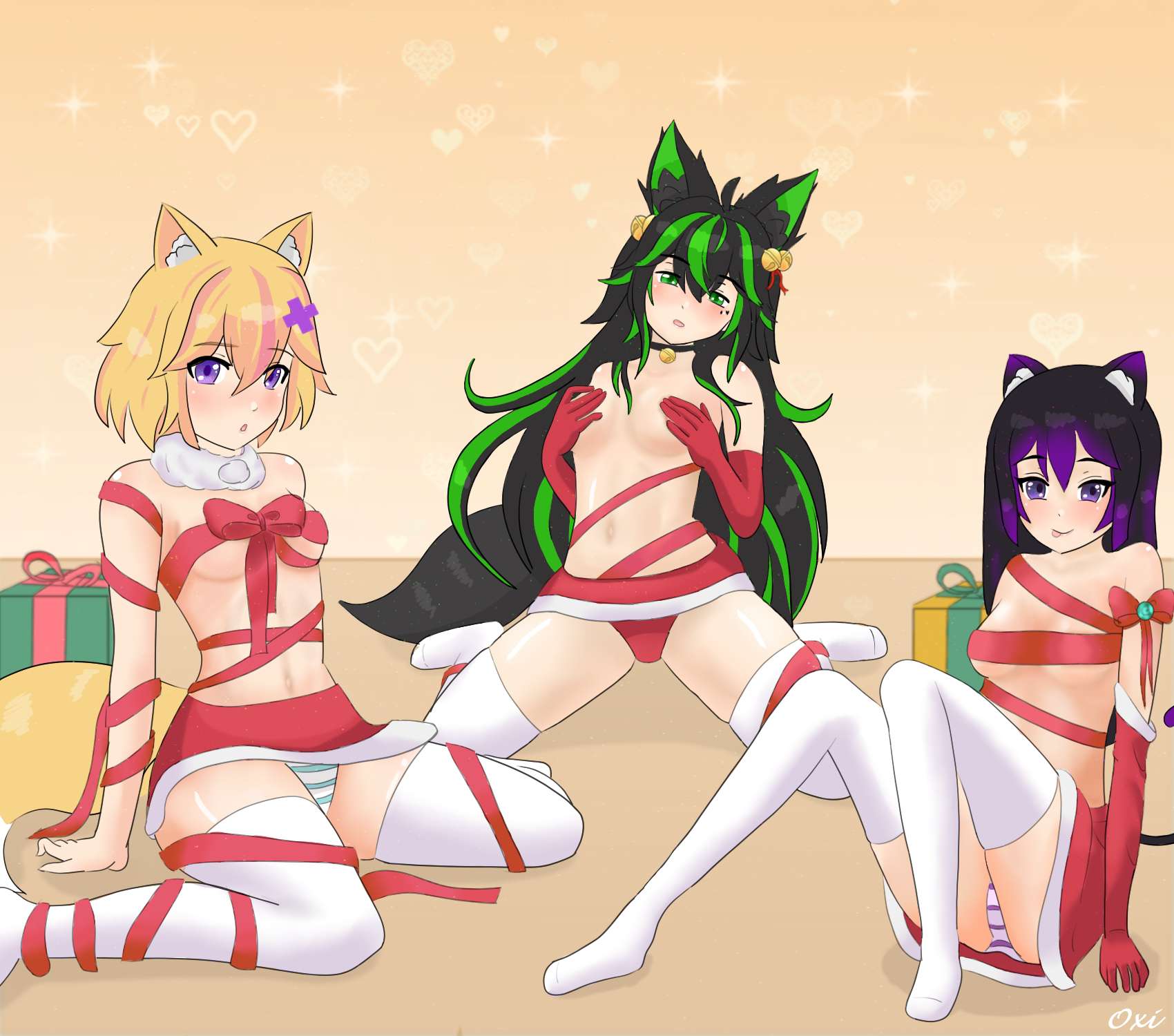 2022 3girls :d :o :p bells belly_button black_hair blandship blush blushing cat_ears cat_tail christmas christmas_clothing christmas_present fox fox_ears fox_girl fox_humanoid fox_tail green_eyes green_hair hand_on_breast kendomurft latam_virtual_youtuber long_hair multiple_girls necklace neko nekomimi oxi_xt panties purple_eyes purple_hair rule_63 short_hair small_breasts socks tecnoanime thick_thighs two_tone_hair virtual_youtuber vtuber vtuberfanart white_skin yellow_hair