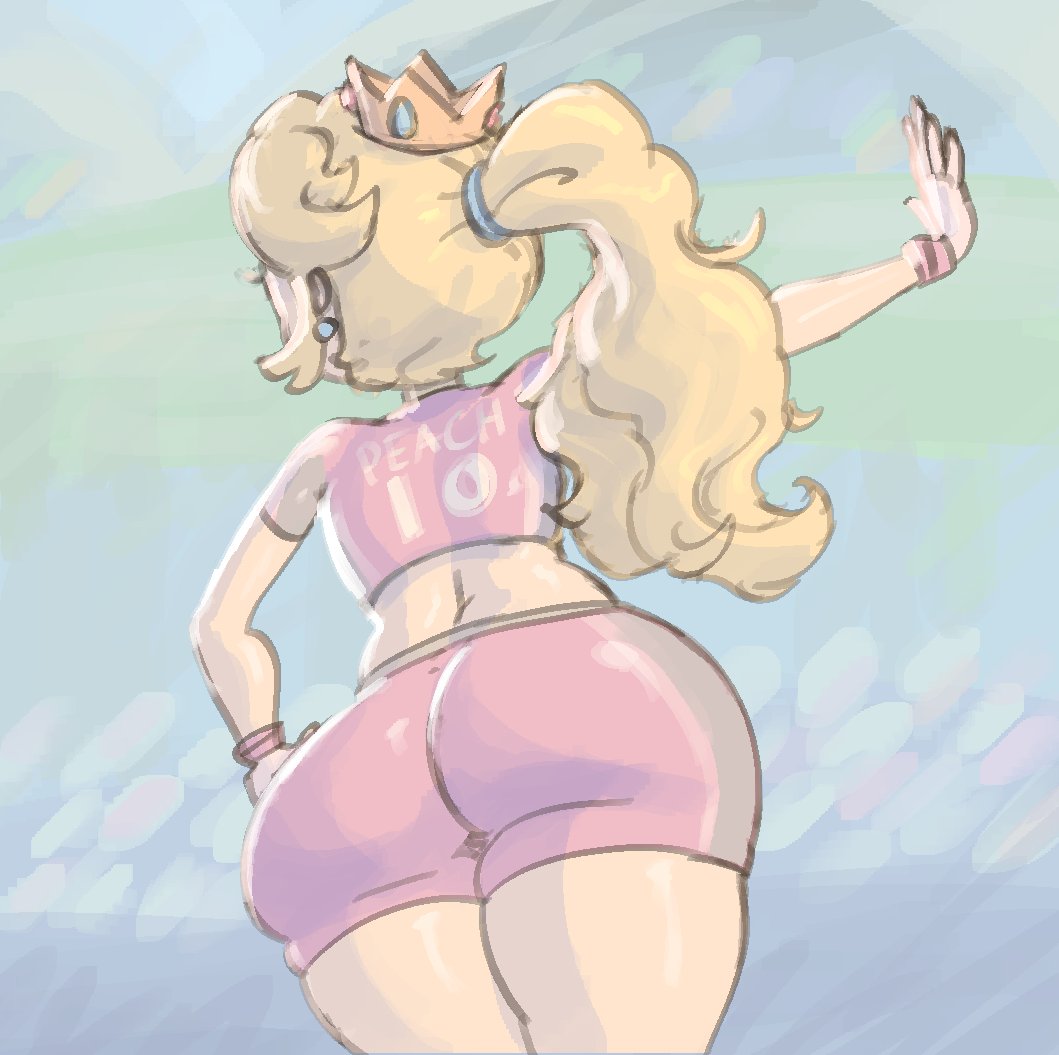 1girls ass ass_focus back big_ass blonde_hair crown earrings fat_ass female female_focus from_behind gloves hand_on_hip highres huge_ass jewelry lickagoat long_hair looking_afar mario_(series) mario_strikers mario_strikers_peach_back_view_redraw_(meme) midriff nintendo outstretched_arm pink_shirt pink_shorts ponytail pose posing princess_peach sensual shirt short_shorts short_sleeves shorts soccer_uniform solo sportswear standing thick_thighs thighs two-tone_shirt white_gloves wide_hips