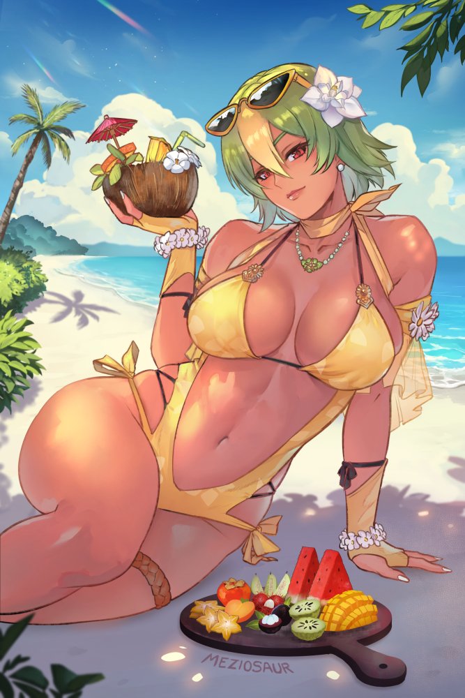 1girls alternate_costume arm_support artist_name bare_shoulders beach bikini blonde_hair blue_sky bracelet breasts closed_mouth cloud cloudy_sky coconut collarbone dark-skinned_female dark_skin day drink drinking_straw earrings eyewear_on_head female female_only fingerless_gloves fire_emblem fire_emblem_heroes flower food fruit gloves green_hair grey_hair hair_flower hair_ornament holding jewelry laegjarn_(fire_emblem) large_breasts lips looking_at_viewer meziosaur multicolored_hair navel necklace nintendo ocean outdoors palm_leaf palm_tree red_eyes shadow short_hair sky smile stomach sunglasses swimsuit thigh_strap thighs tree tropical_drink water yellow_bikini yellow_swimsuit