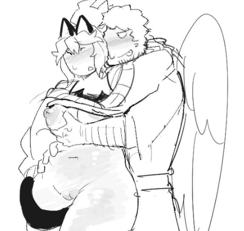1boy, 1girls, areola slip, areolae, avian, black and white, bottomless, breasts, brighteyes, cat ears, cat tail, catgirl, edging, hip dips, married couple, nipples, not forsaken, one breast out, pussy, roblox, roblox admins, robloxian, shedletsky, sketch, source request, squeezing breast, teasing, telamon, thick thighs, thighs, whitetea2007