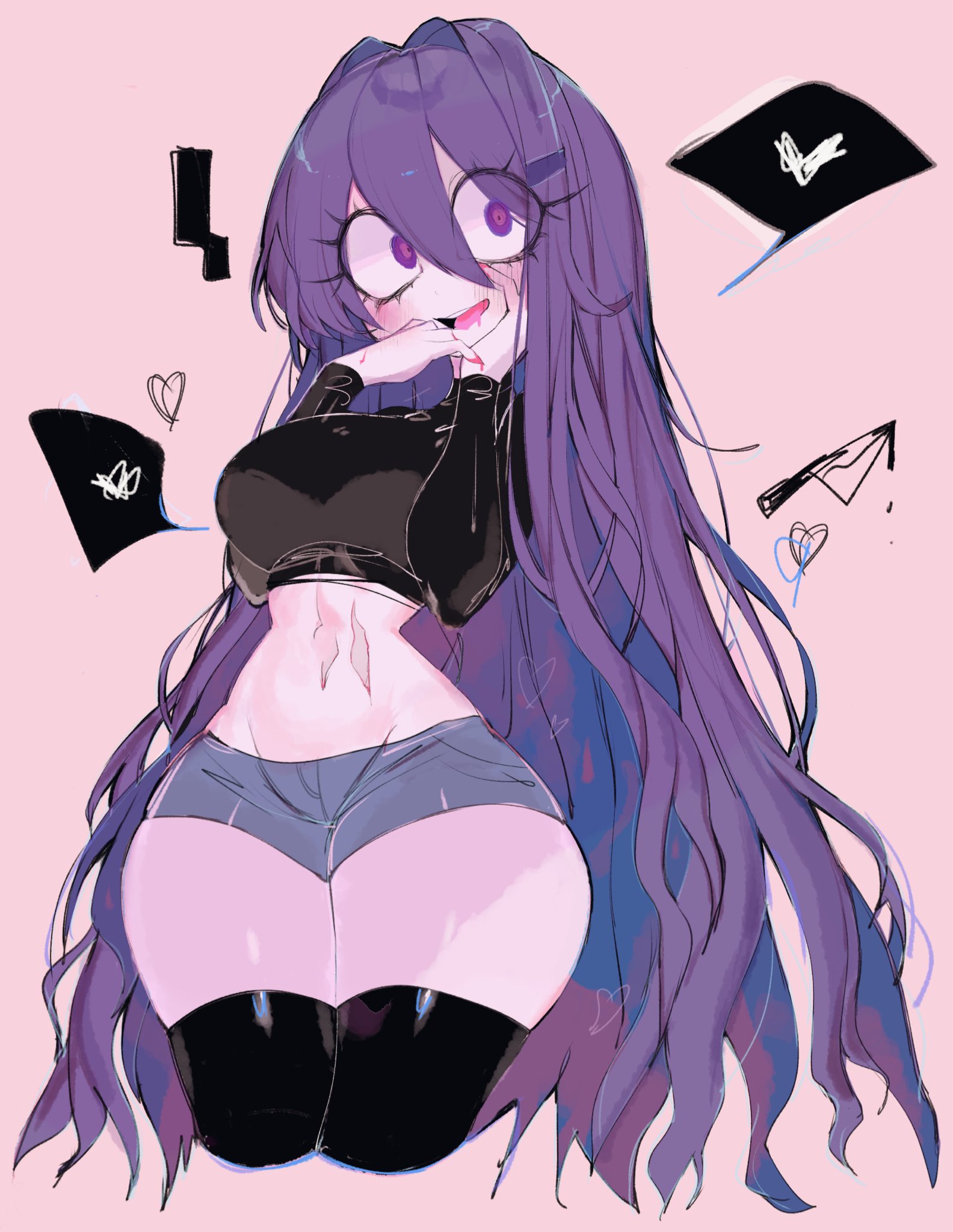 2d, 2d (artwork), 2d artwork, ass, background, big breasts, black shirt, black skirt, breasts, denim, denim shorts, doki doki literature club, female, hair, jean shorts, looking at viewer, purple eyes, purple hair, scar, scars, scars on body, shirt, simple background, skirt, solo, tagme, thighhighs, usa37107692, white background, yandere, yandere eyes, yuri (doki doki literature club)