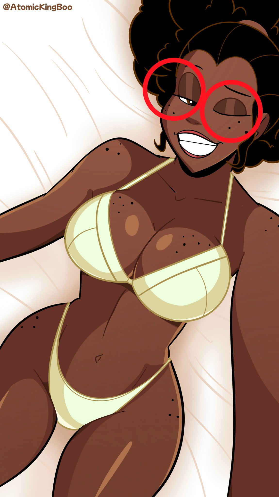 1girls, atomickingboo, big breasts, bikini, breasts, brown body, brown skin, brown-skinned female, bust, busty, chest, cleavage, curvaceous, curvy, curvy figure, dark skin, dark-skinned female, digital media (artwork), female, female focus, hips, hourglass figure, human, legs, looking at viewer, mature, mature female, misty cocoa, oc, original, original character, slim waist, smile, smiling at viewer, the besties (atomickingboo), thick, thick hips, thick legs, thick thighs, thighs, voluptuous, waist, wide hips