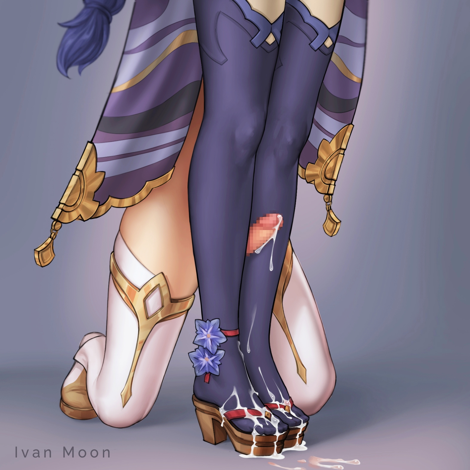1futa, 1girls, censored, clothed, clothing, cum, cum on feet, cum on leg, cum on lower body, cumshot, duo, ejaculation, erection, faceless character, female, futa on female, futa/female, futanari, futasub, genshin impact, grinding, human, intersex, ivan moon, kneeling, light skin, light-skinned female, light-skinned futa, lumine (genshin impact), mosaic censoring, no penetration, on knees, orgasm, penis, raiden shogun, simple background, standing, thigh sex, thighhighs, thighs