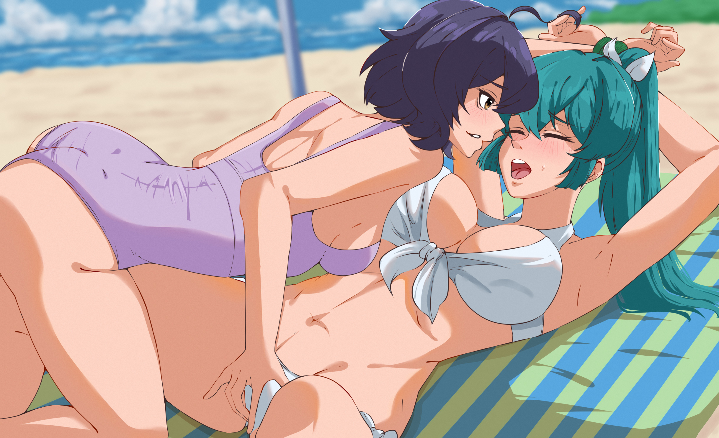 2girls, ahoge, armpits, arms up, beach, beach background, beach towel, big breasts, bikini, blue hair, blush, breasts, closed eyes, female, female only, fingering, fingering partner, fingering through clothes, fit, fit female, hiiragi utena, looking at partner, looking pleasured, mahou shoujo ni akogarete, minakami sayo, navel, one-piece swimsuit, outdoors, ponytail, purple hair, purple swimsuit, short hair, swimsuit, tied hands, white bikini, yuri, yuriyurisuki