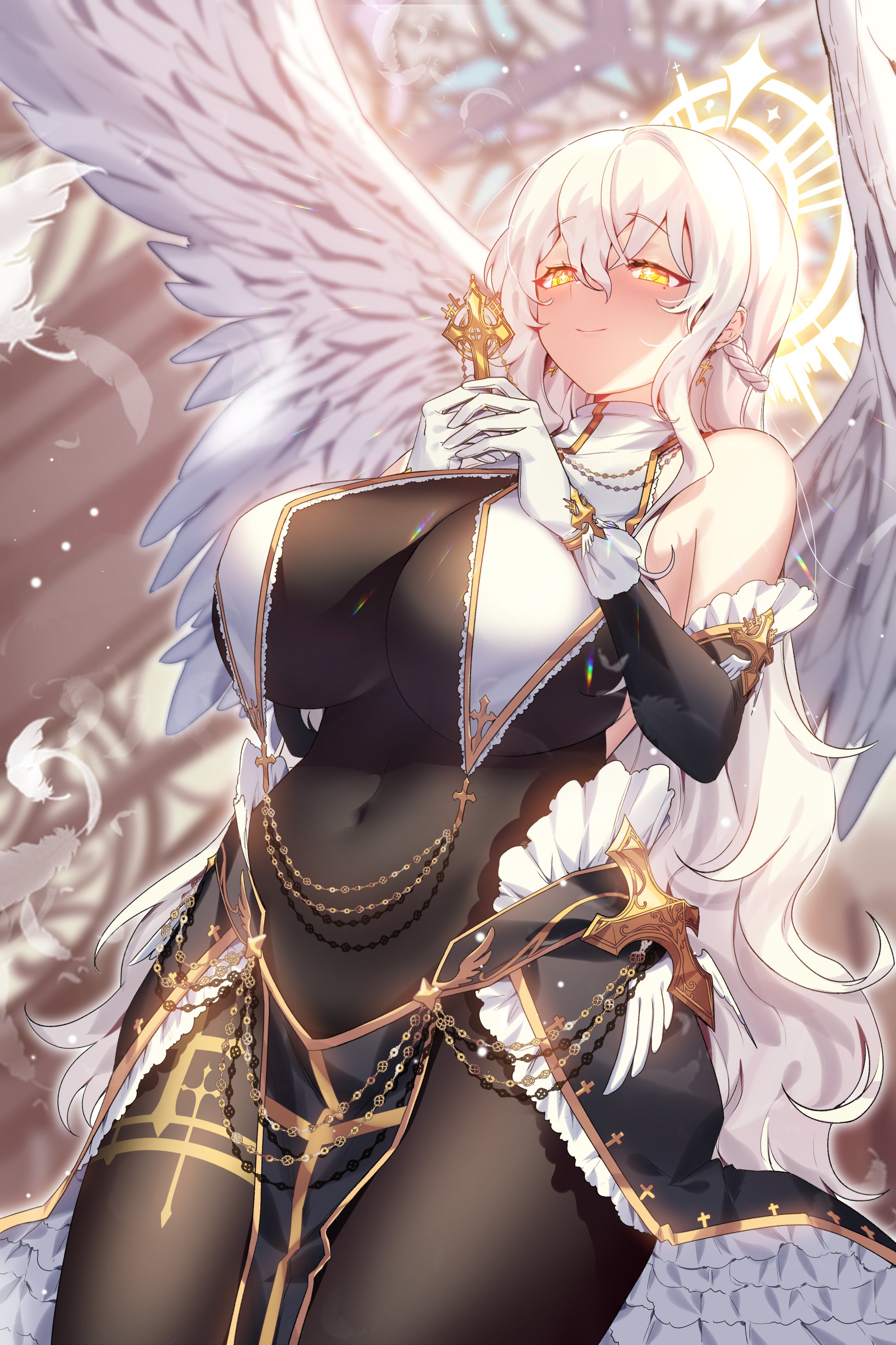 1girls, angel, angel wings, bare shoulders, braid, breast curtains, breasts, cross, detached sleeves, dress, elbow gloves, feathers, female, gloves, halo, huge breasts, jewelry, long hair, mendou kusai, original, pelvic curtain, smile, solo, thick thighs, underboob, white hair, wings, yellow eyes