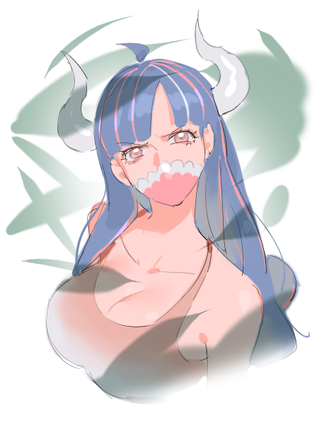 1girls blue_hair cleavage covered_mouth female female_only horns large_breasts looking_at_viewer mouth_mask one_piece pink_eyes raine_(acke2445) solo staring tank_top ulti_(one_piece)