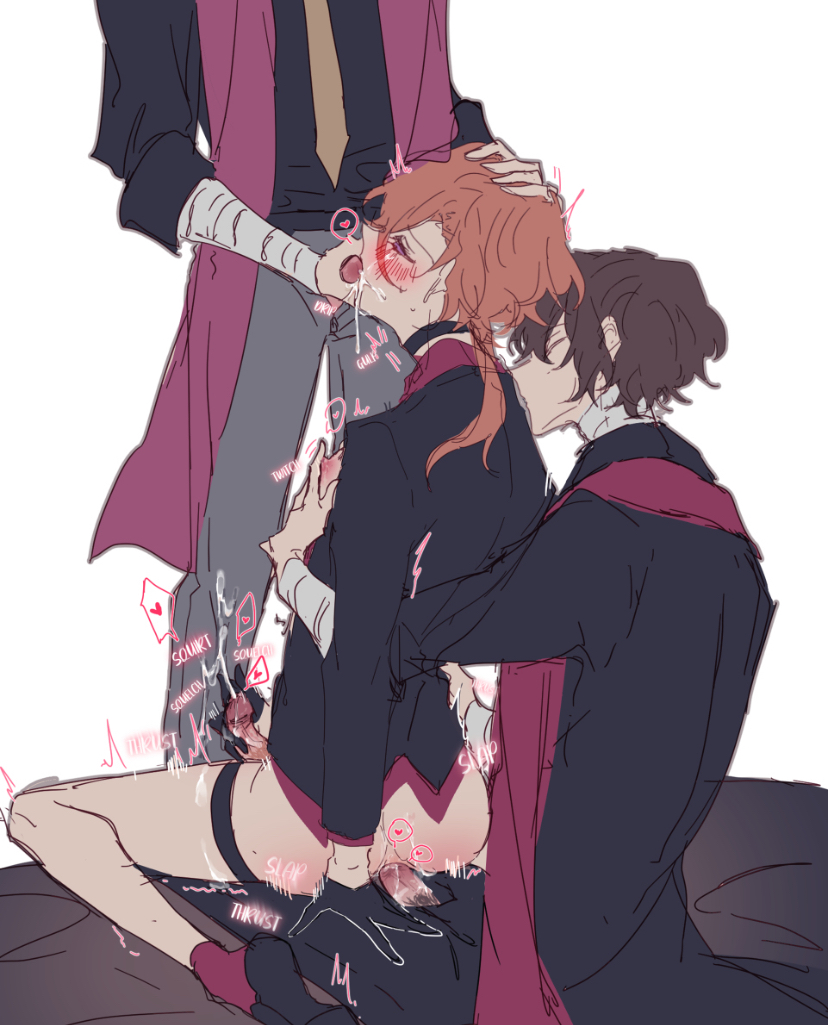 anal, anal sex, bungo stray dogs, chuuya nakahara, colored, dazai osamu, fully clothed, gay, gay sex, male, mostly nude, nipple play, on bed, oral, oral sex, penis, riding, riding penis, threesome, trembling, yaoi