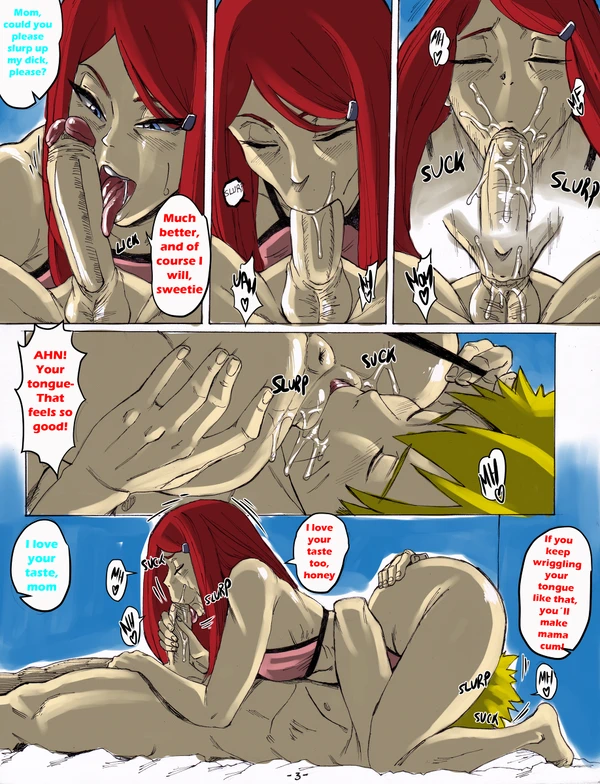 1boy 69 69_position :>= aarokira bedroom bedroom_eyes comic cunnilingus dialogue english_text fellatio female heart incest mother mother_and_son naruto oral page_3 red_hair sloppy son sucking uzumaki_kushina uzumaki_naruto